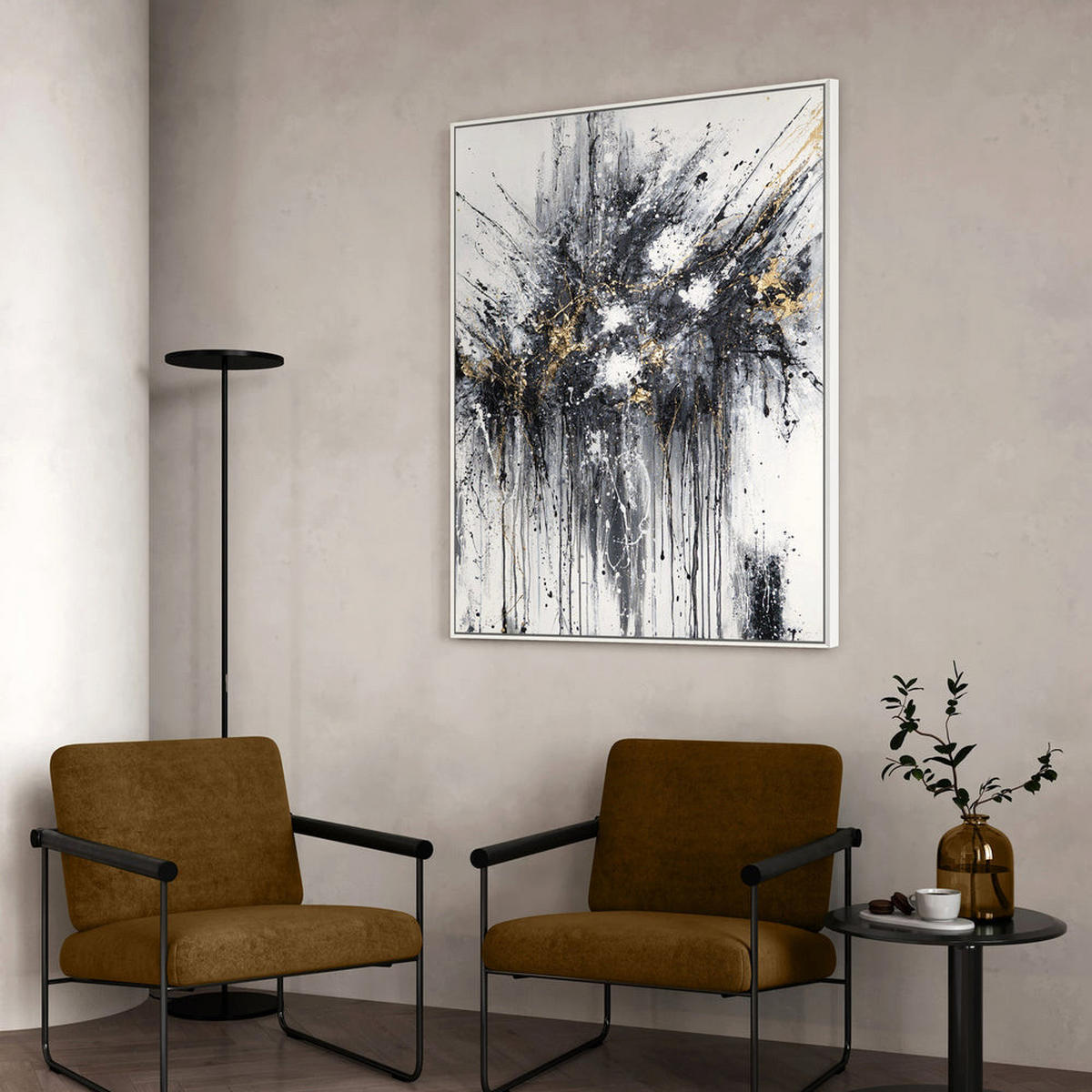 GEMÄLDE Tanz der Spritzer Schattenfugenrahmen Weiß 120x80 cm - Weiß, Holz (120/80cm) - YS-art gallery