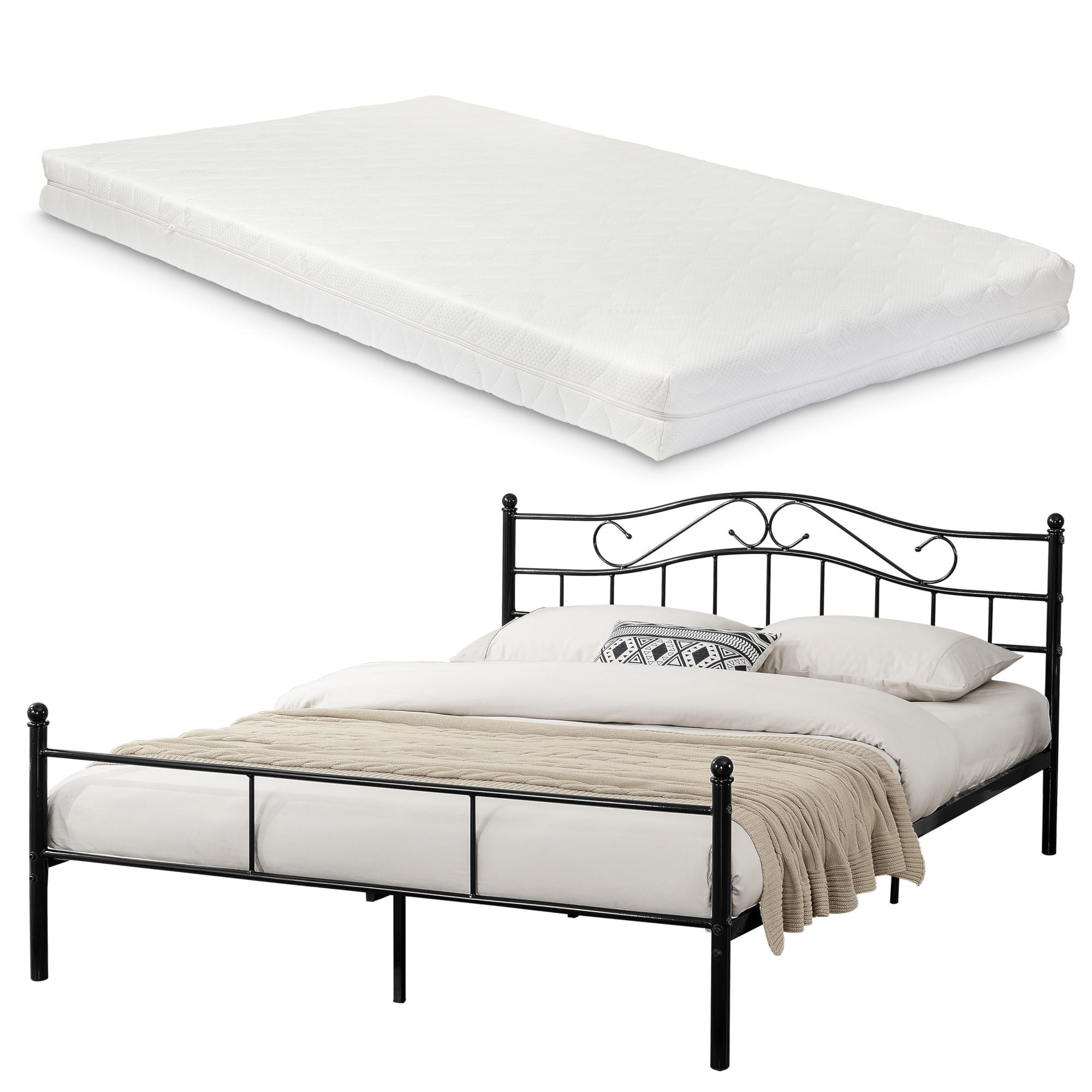 METALLBETT Florenz mit Matratze - Schwarz, Textil/Metall (160/200cm) - [en.casa]