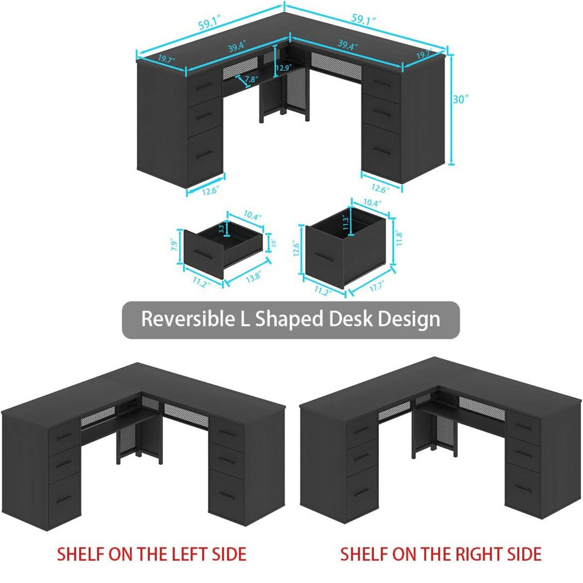 SCHREIBTISCH L-FORM mit Schubladen Eckschreibtisch 150 x 150 cm - Schwarz, Holzwerkstoff/Metall (150/150/76.2cm) - Quality Elegance
