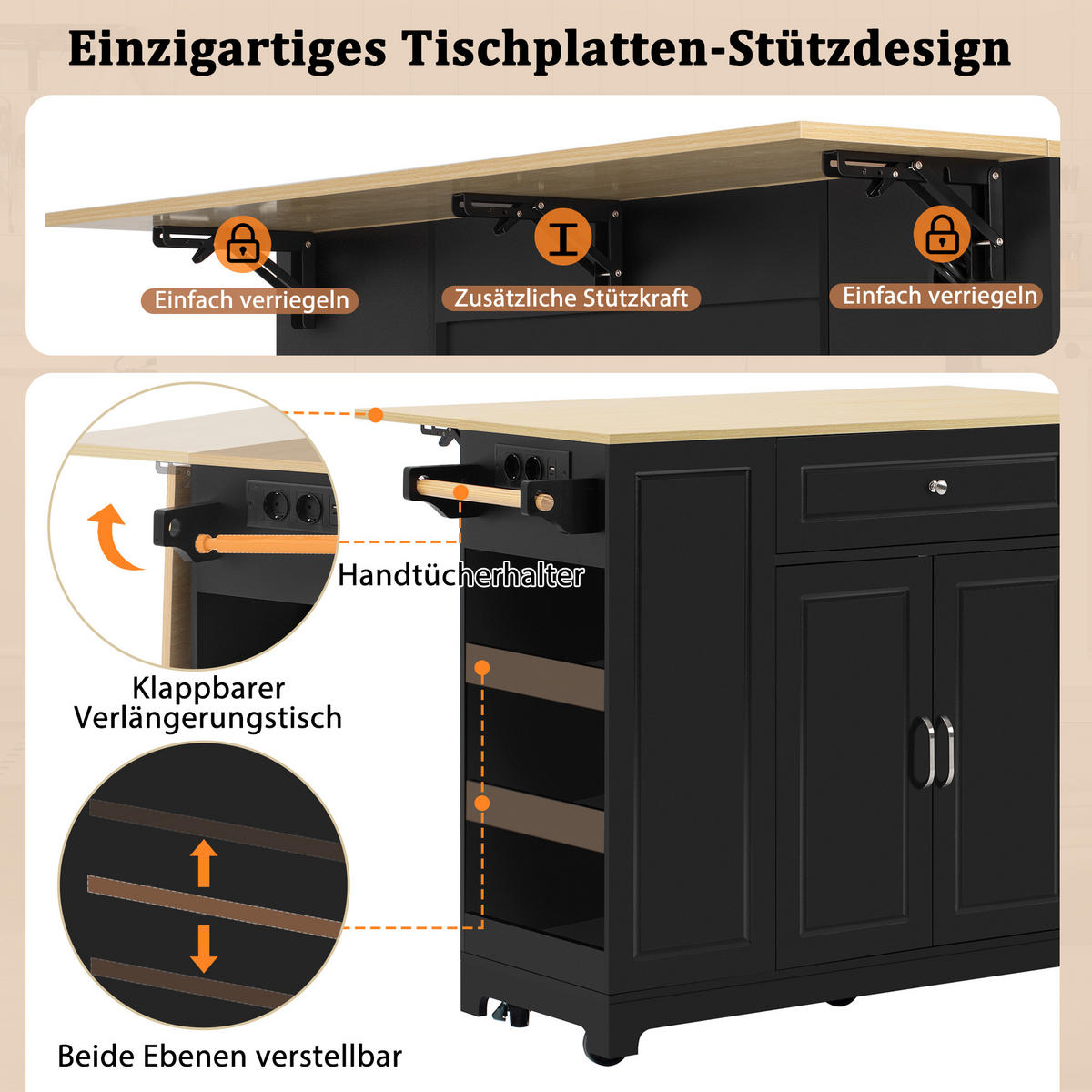 KÜCHENINSEL 131,8/40-70/93,3 cm Schwarz mit ausziehbarer Arbeitsplatte, Steckdose und Mülleimerfach - Schwarz, Holz/Holzwerkstoff (131.8/93.3/40cm) - Oxeza