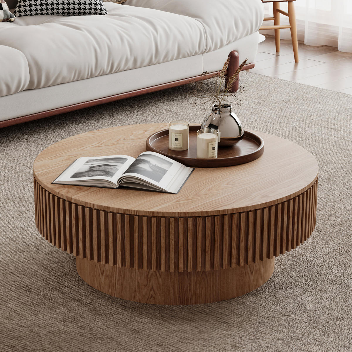 COUCHTISCH DE-37318 rund mit verstecktem Stauraum und Rillendesign Naturholz - Naturfarben, Holzwerkstoff (75/75/35cm) - ComfortXL