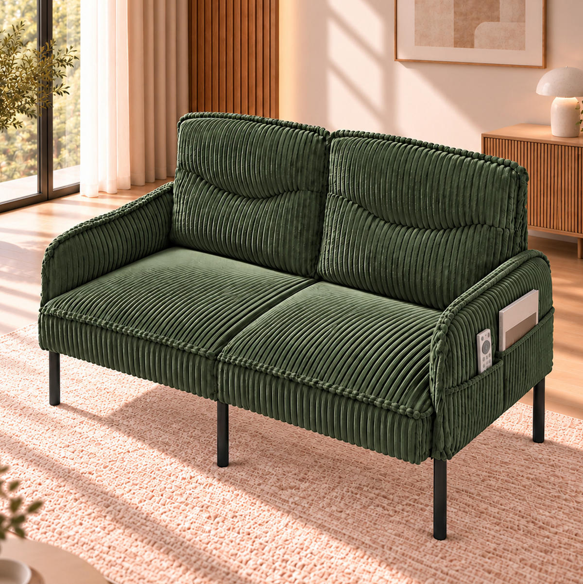 2-SITZER Sofa 122/73/83 cm Cordstoff mit Seitentaschen und Metallbeinen Grün - Grün, Textil (73/83/122cm) - Redom