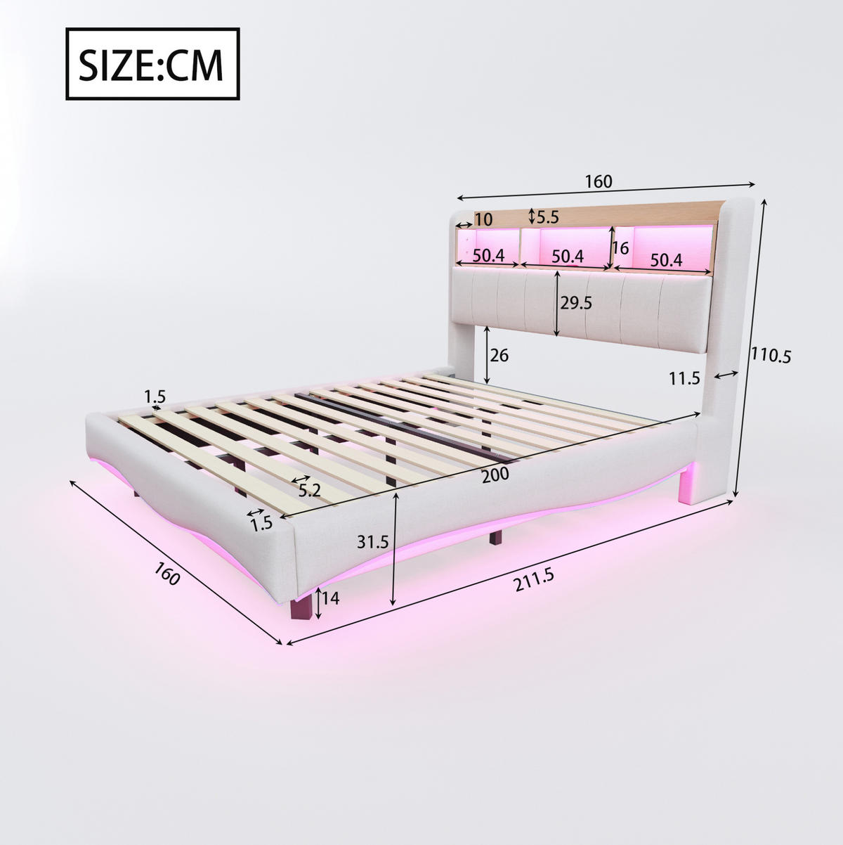 ČALÚNENÁ posteľ z látky 160x200 cm béžová s LED osvetlením, USB a USB-C, odkladacím priestorom - béžová, textil (160/200cm) - Modfu