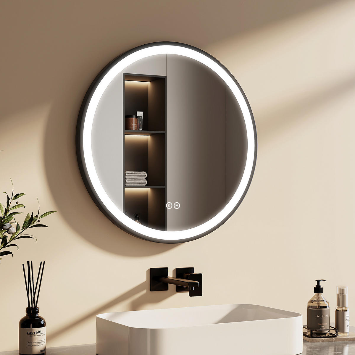 OGLINDA de baie cu LED-uri Ø 60 cm - negru, sticlă (60/60/3cm) - EMKE