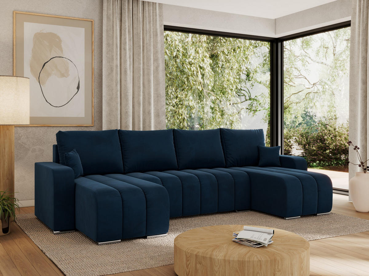 WOHNLANDSCHAFT KIRASSO U Dunkelblau Velvet - Dunkelblau/Grau, Textil/Metall (320/86/147cm) - MKS