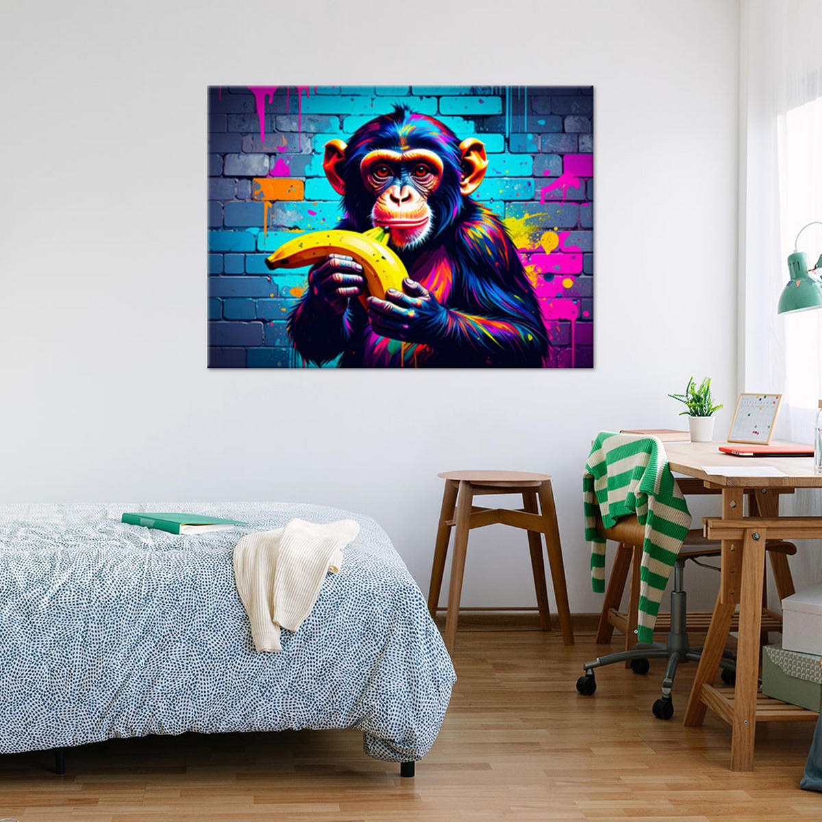 LEINWANDBILD Abstrakt Affe mit Banane Graffiti 100x70cm - Multicolor, Textil (100/70cm) - Feeby