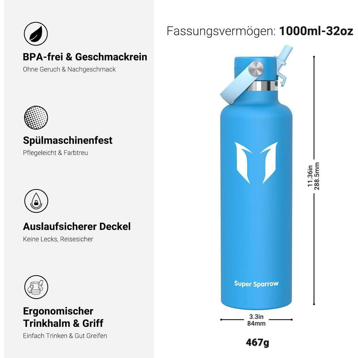 TRINKFLASCHE Edelstahl 1000 ml Himmelblau - Hellblau, Metall (8.4/8.4cm)