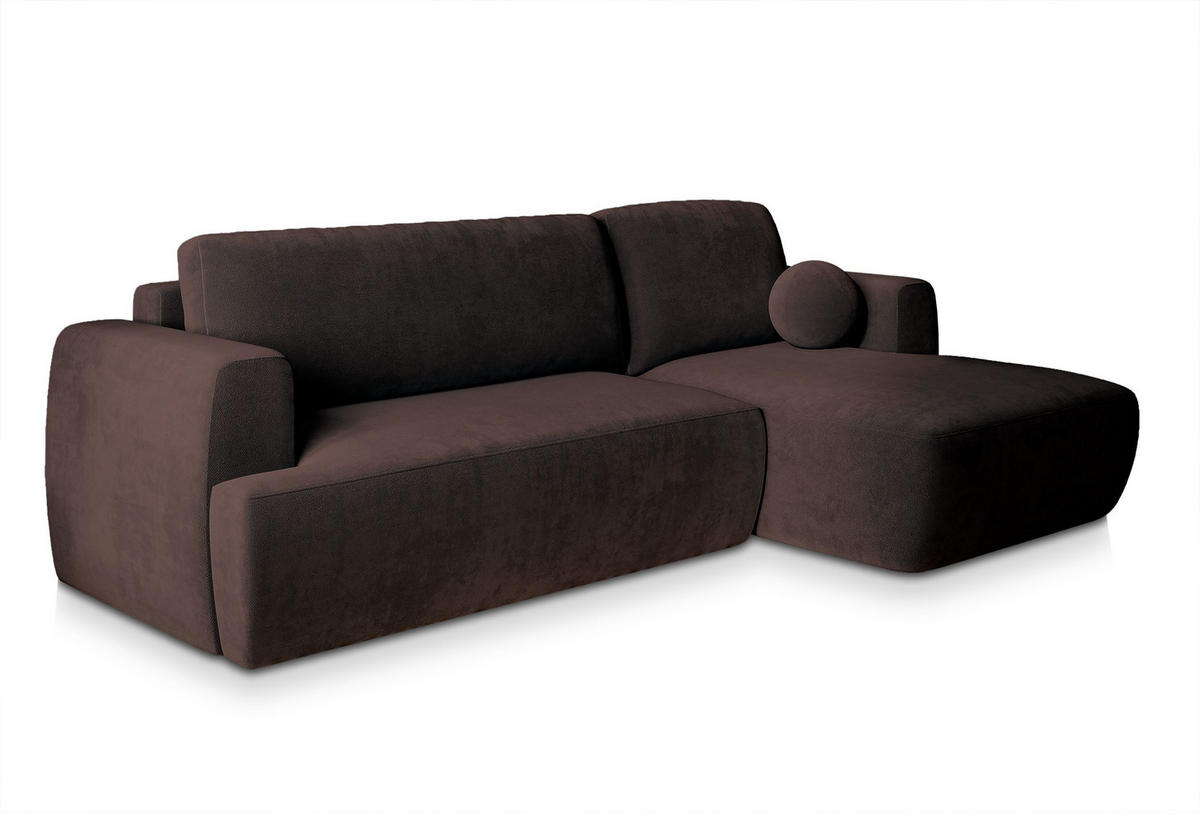 ECKSOFA SENTI K R-S Braun Plüsch-Stoff mit Schlaffunktion - Braun, Holz (246/148cm) - MASSENO