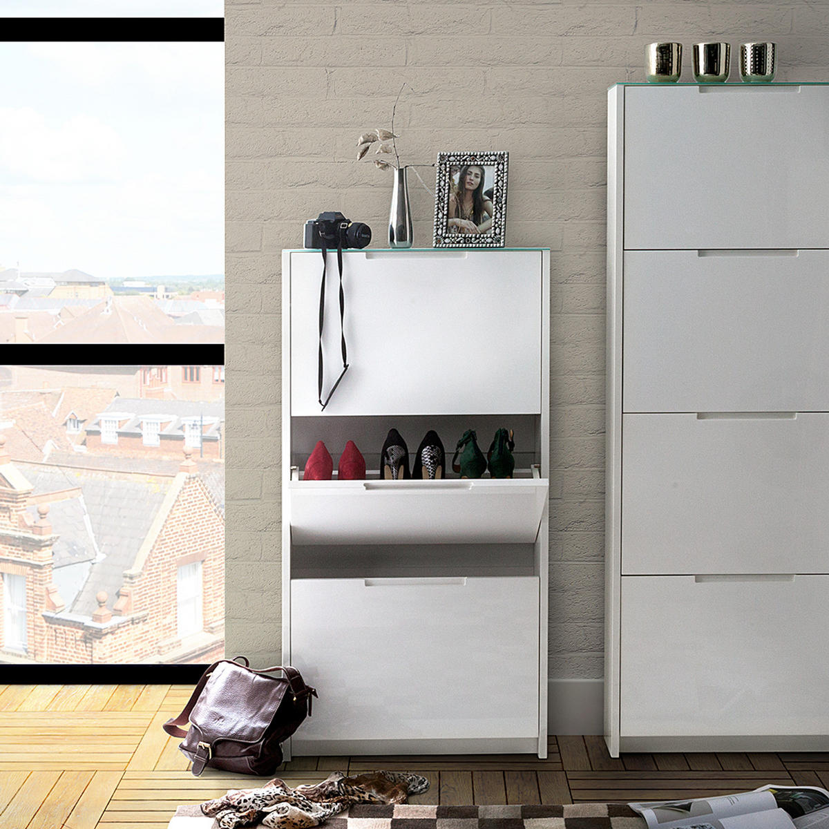 SCHUHKIPPER - MDF - Weiß Hochglanz, Glas/Holzwerkstoff (64/120/18cm) - home24