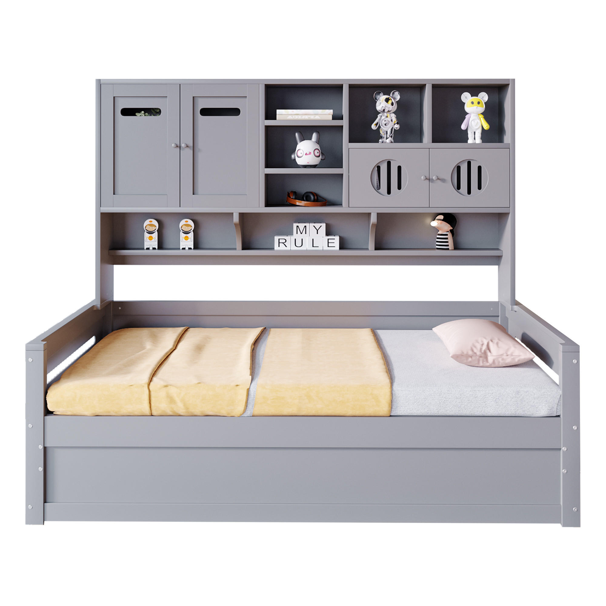 BETT 90/200 cm mit hydraulischem Bettmechanismus und Stauraum Grau Holz - Grau, Holz (90/200cm) - OKWISH