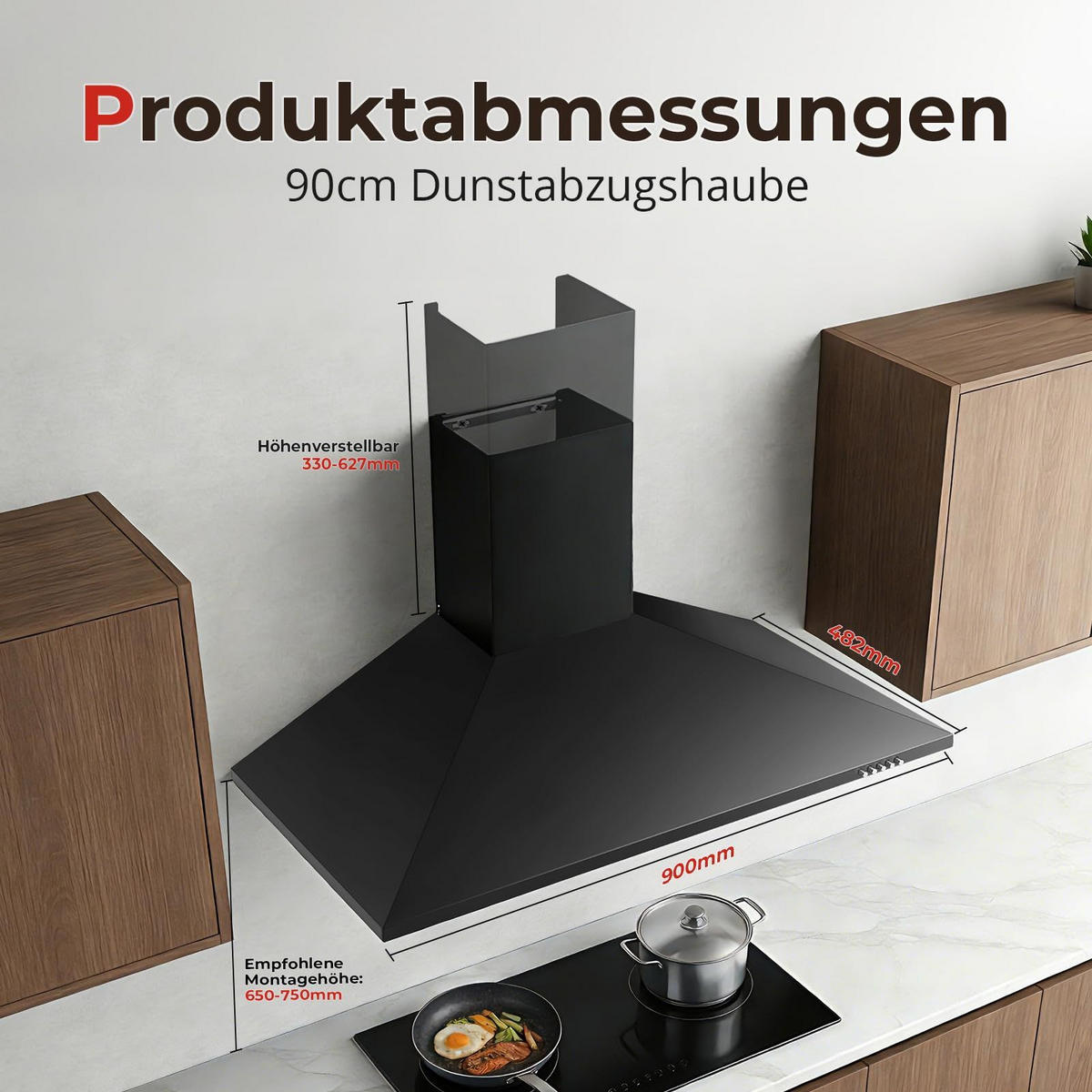 DUNSTABZUGSHAUBE Edelstahl mit LED-Beleuchtung, Aktivkohlefilter, Filter - Schwarz, Metall (25.6/56.71/96.52cm) - Korfee