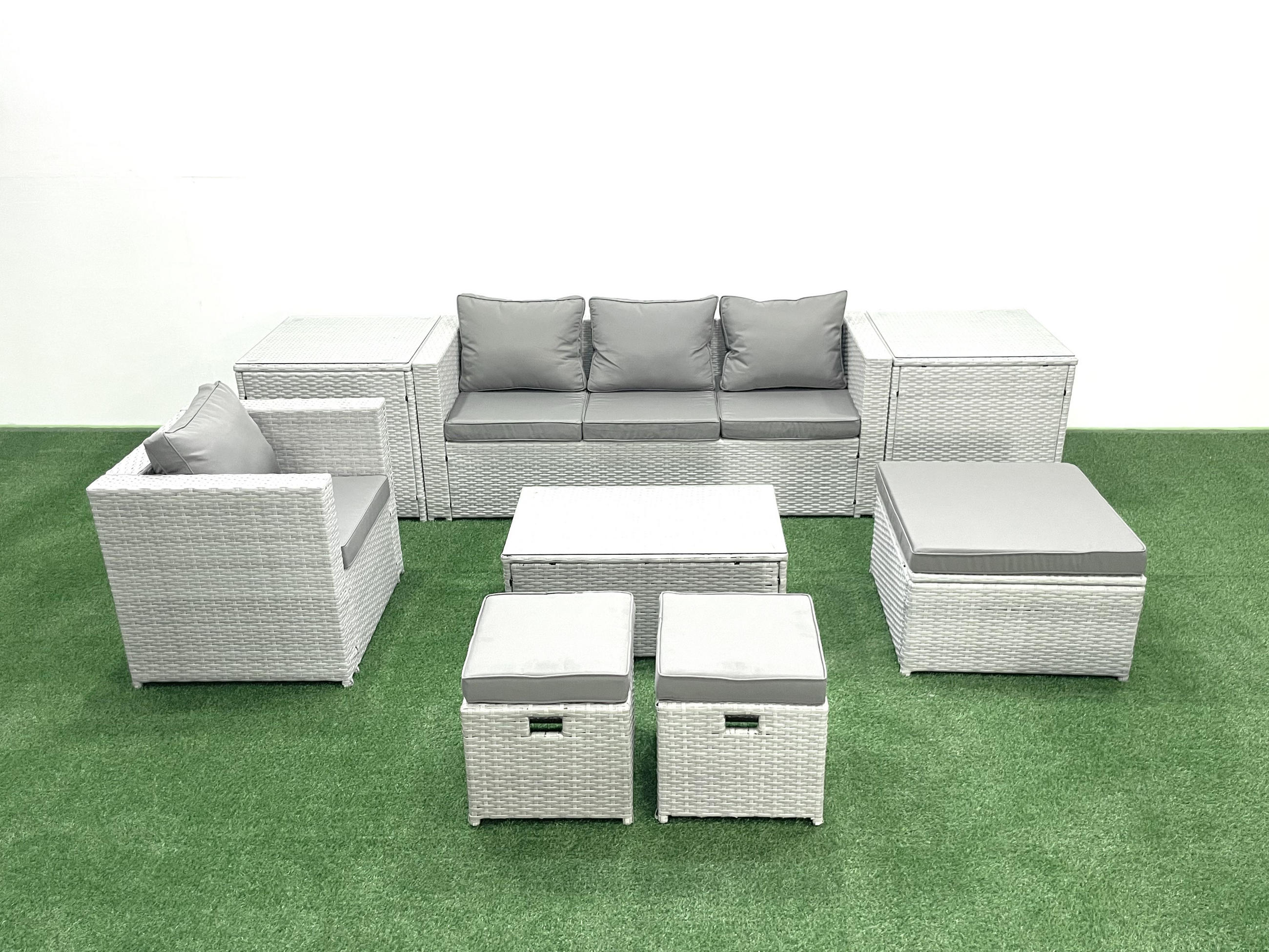 GARTENSET mit 3-SITZER SOFA,COUCHTISCH Polyrattan Hellgrau-Mix 7-Sitzer - Hellgrau/Grau, Glas/Kunststoff - Fimous
