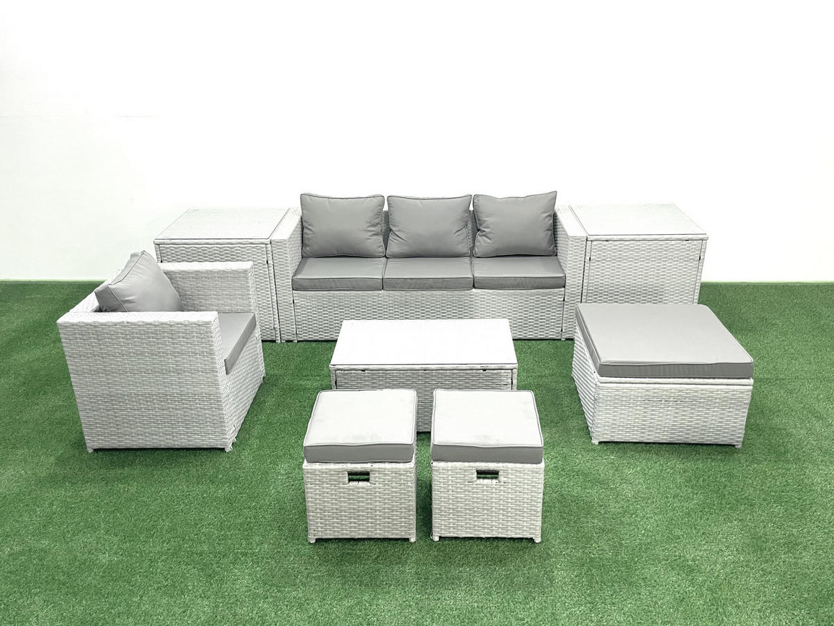 GARTENSET mit 3-SITZER SOFA,COUCHTISCH Polyrattan Hellgrau-Mix 7-Sitzer - Hellgrau/Grau, Glas/Kunststoff - Fimous
