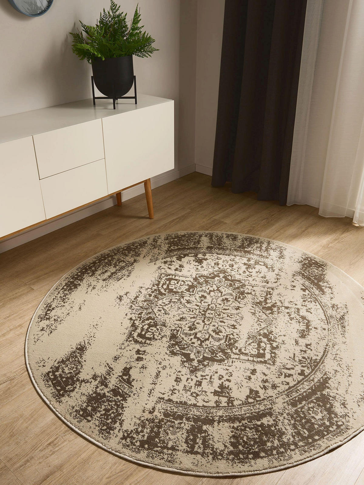 VINTAGE-TEPPICH Suki ø 120 cm rund - Creme/Braun, Kunststoff (120/120cm) - benuta