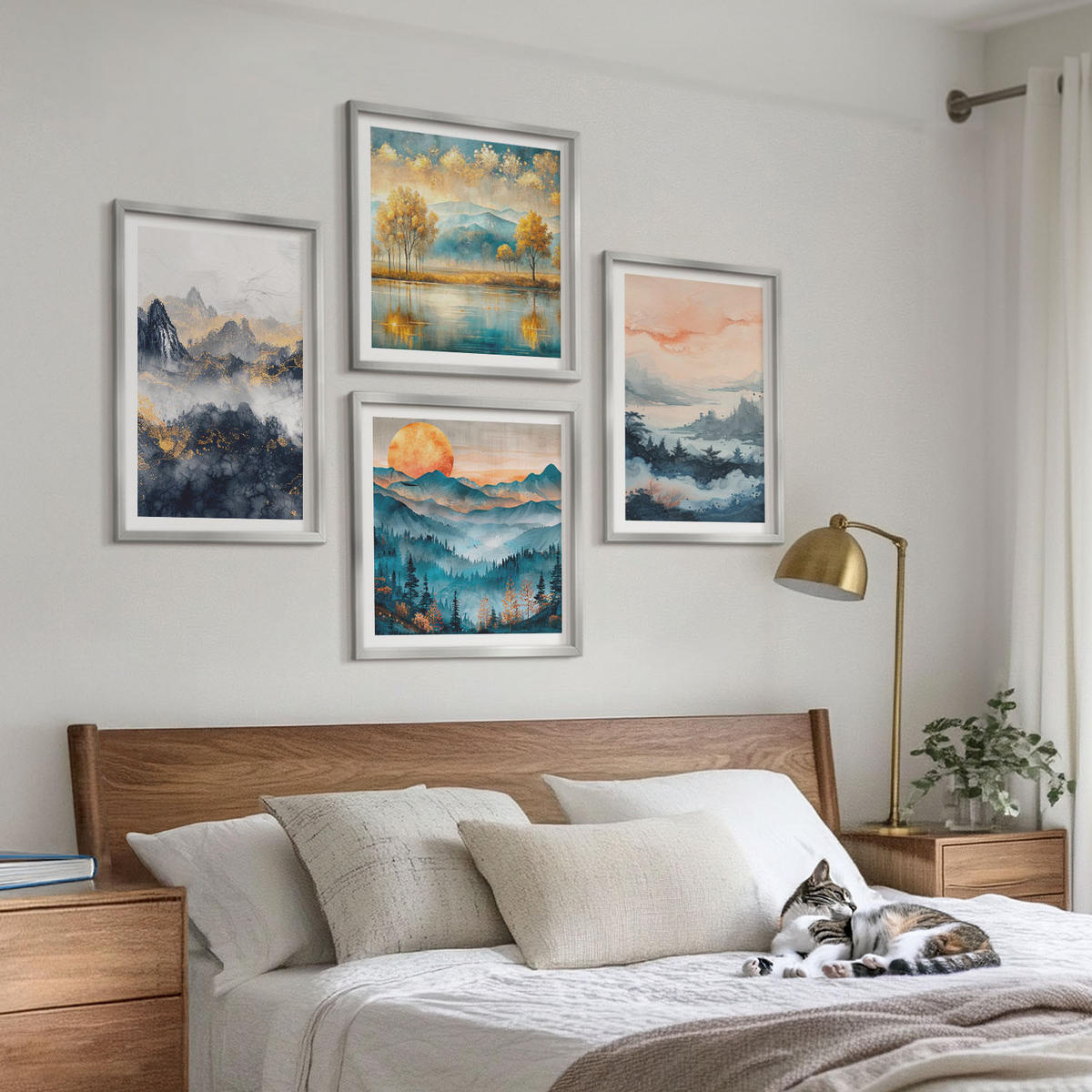 BILDER SET 4er Set - 50x50 cm & 40x60 cm Silberner Rahmen - Gemalte Abstraktionen der Natur - Silberfarben, Kunststoff (50/50cm) - TULUP