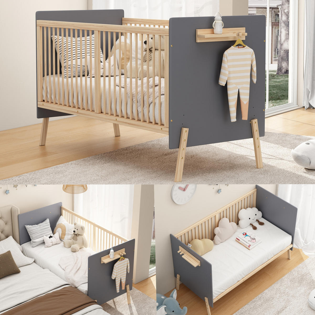 KINDERBETT 70/140 cm in Blaugrau & Natur mit 3-facher Höhenverstellung und Ablage Massivholz - Blau/Naturfarben, Holzwerkstoff - STILVORA