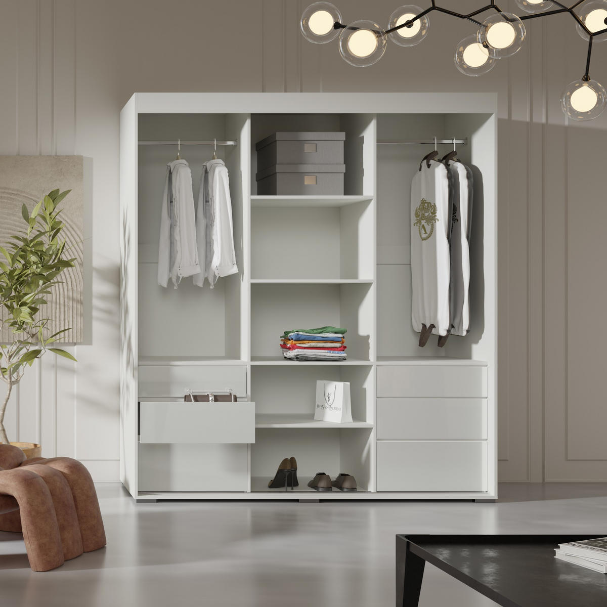 SCHIEBETÜRENSCHRANK mit Schubladen Torino 3D 180 Weiß (Lacobel) - Silberfarben/Weiß, Holzwerkstoff/Metall (180/204/65cm) - mzm24