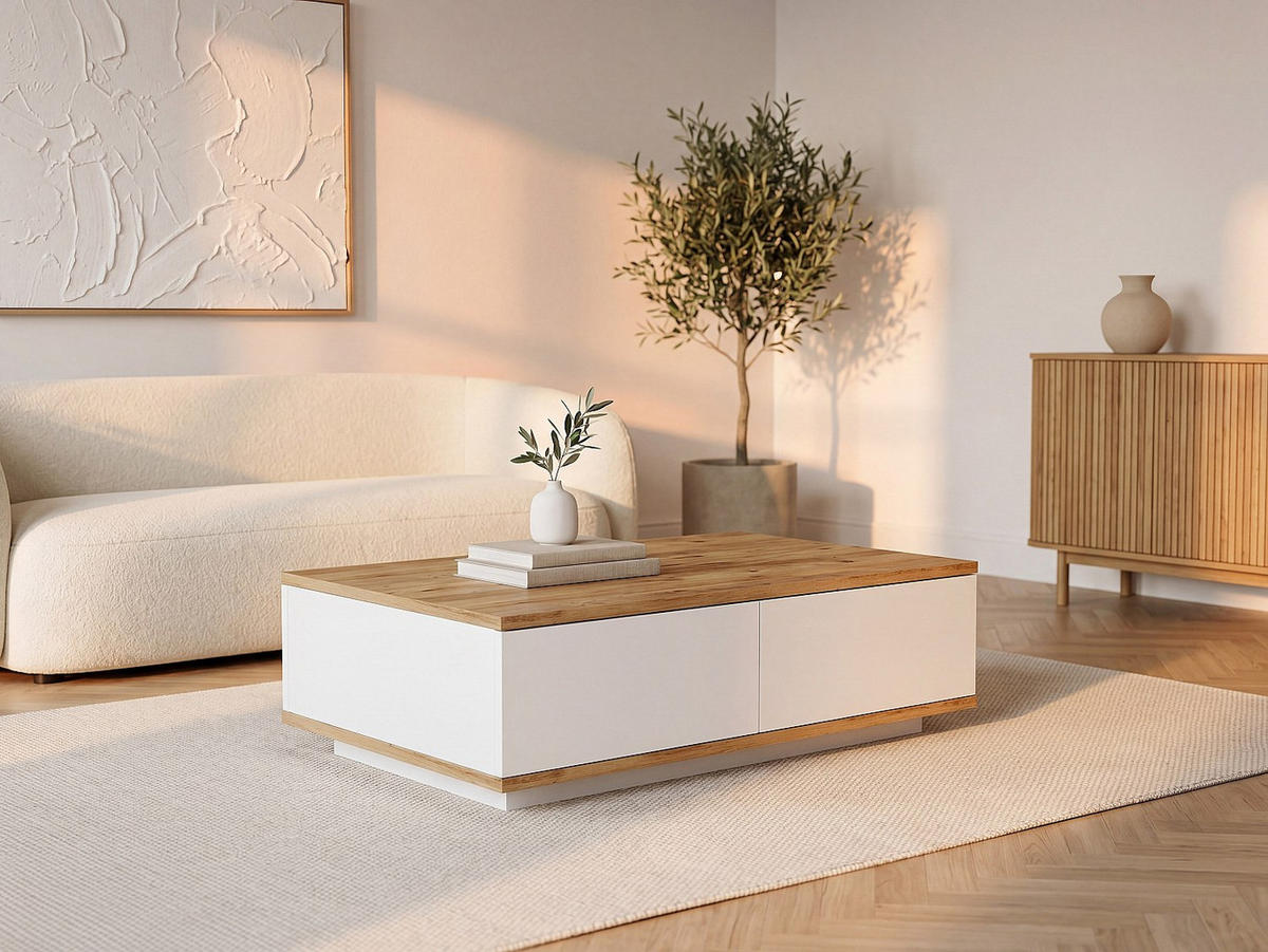 COUCHTISCH mit 1 klapptür in weiß und atlantik-kiefer - 90/60/28,6 cm - Naturfarben/Weiß, Holz (60/90/28.6cm) - Vente-Unique