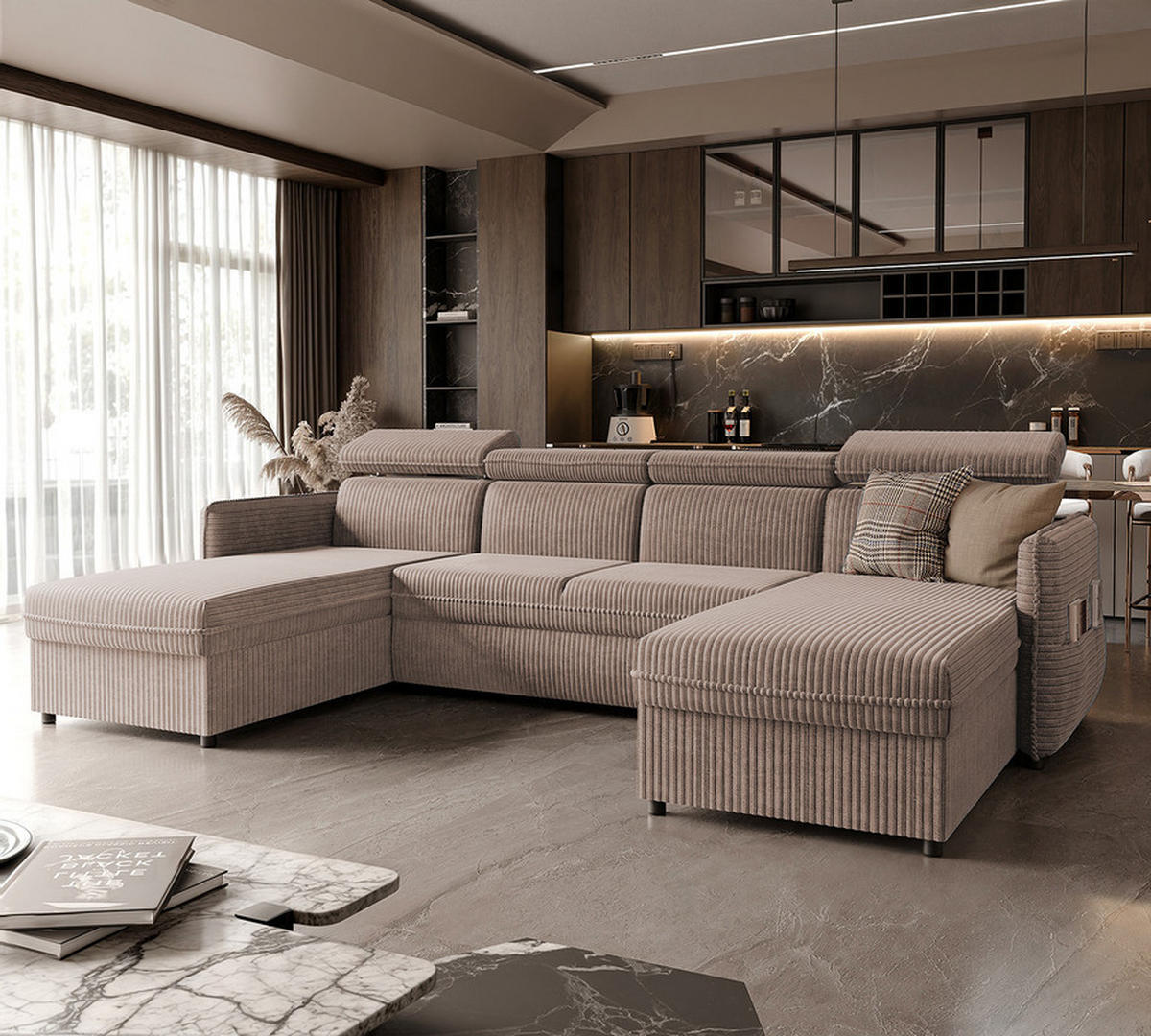WOHNLANDSCHAFT BENI mit Schlaffunktion und Bettkasten Beige - Beige/Schwarz, Kunststoff/Textil (286/60/166cm) - Idohome