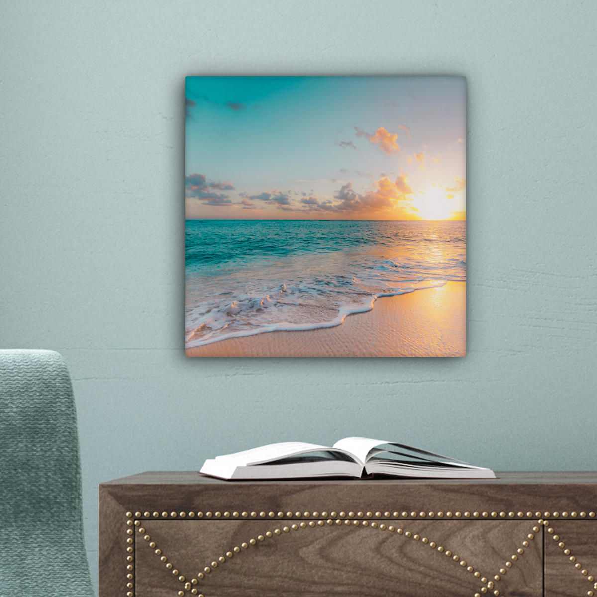 LEINWANDBILD - Sonnenuntergang - Strand - Meer - Sommer - Blau - 20x20 - Wandbilder - Multicolor, Textil (20/20cm) - MuchoWow