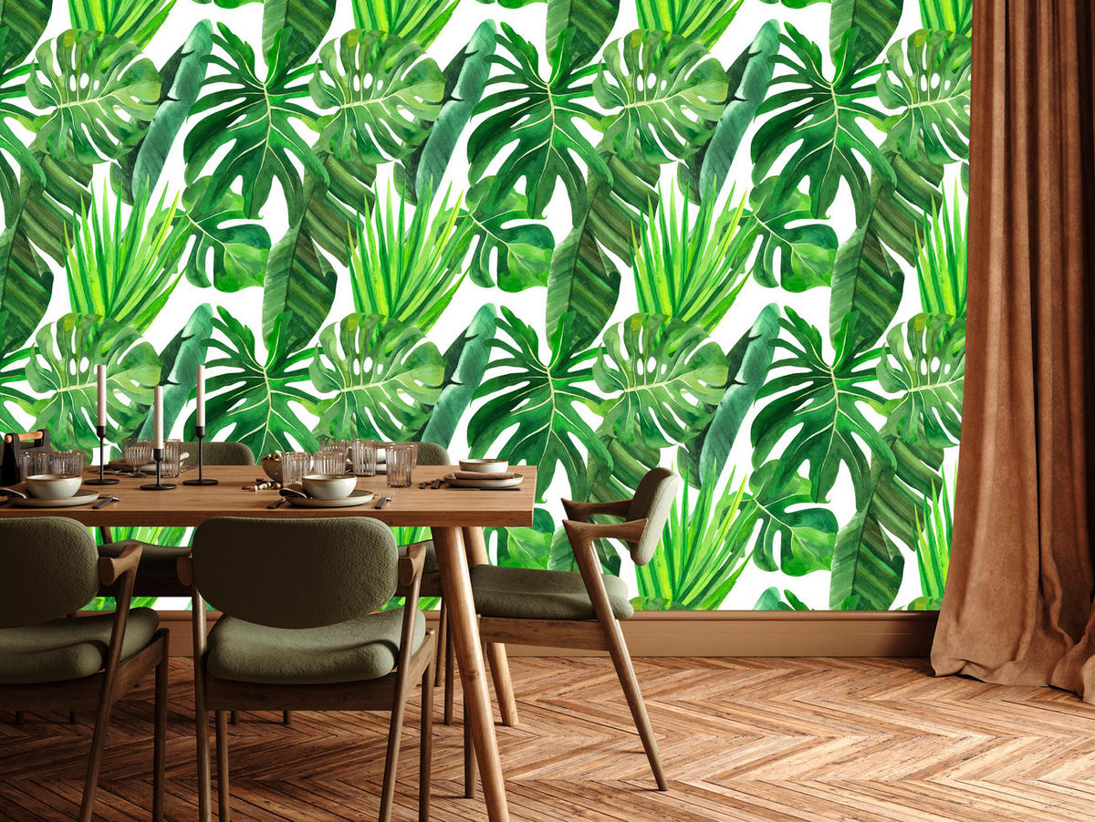 VLIESTAPETE Monstera und Bananenblätter – Grün, Weiß – 50x1000 cm - Weiß/Grün, Papier (50/1000cm) - Muralo