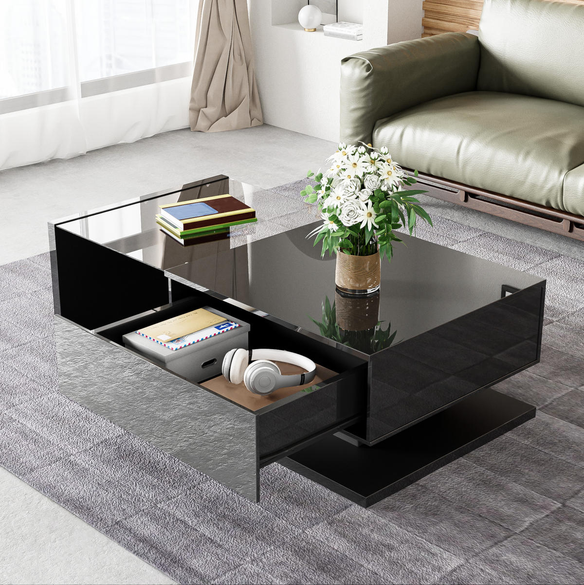 COUCHTISCH mit Ablagefach 105 x 55 cm Hochglanz Schwarz - Schwarz, Holzwerkstoff (105/55/32.5cm) - Meubliv