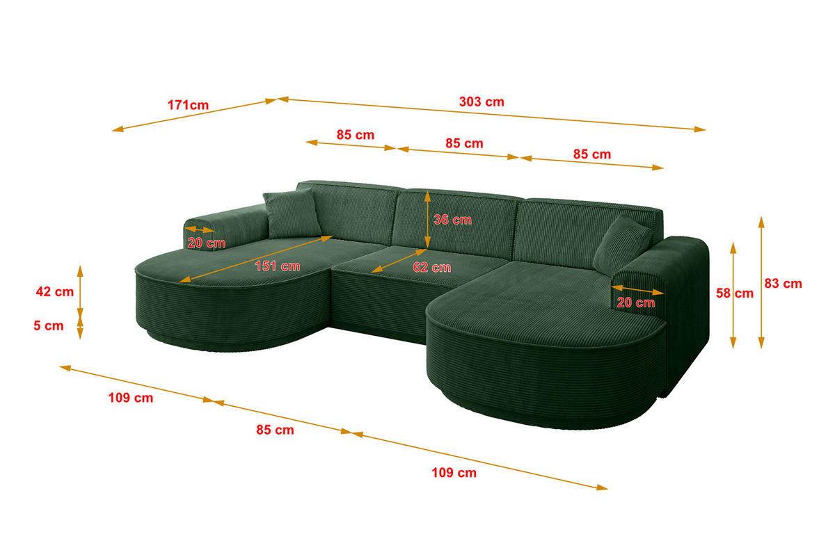 WOHNLANDSCHAFT MARI-U1-v3 - 303x171x83 cm Grün Cord - Schwarz/Grün, Holzwerkstoff/Kunststoff (303/83/171cm) - ALTDECOR