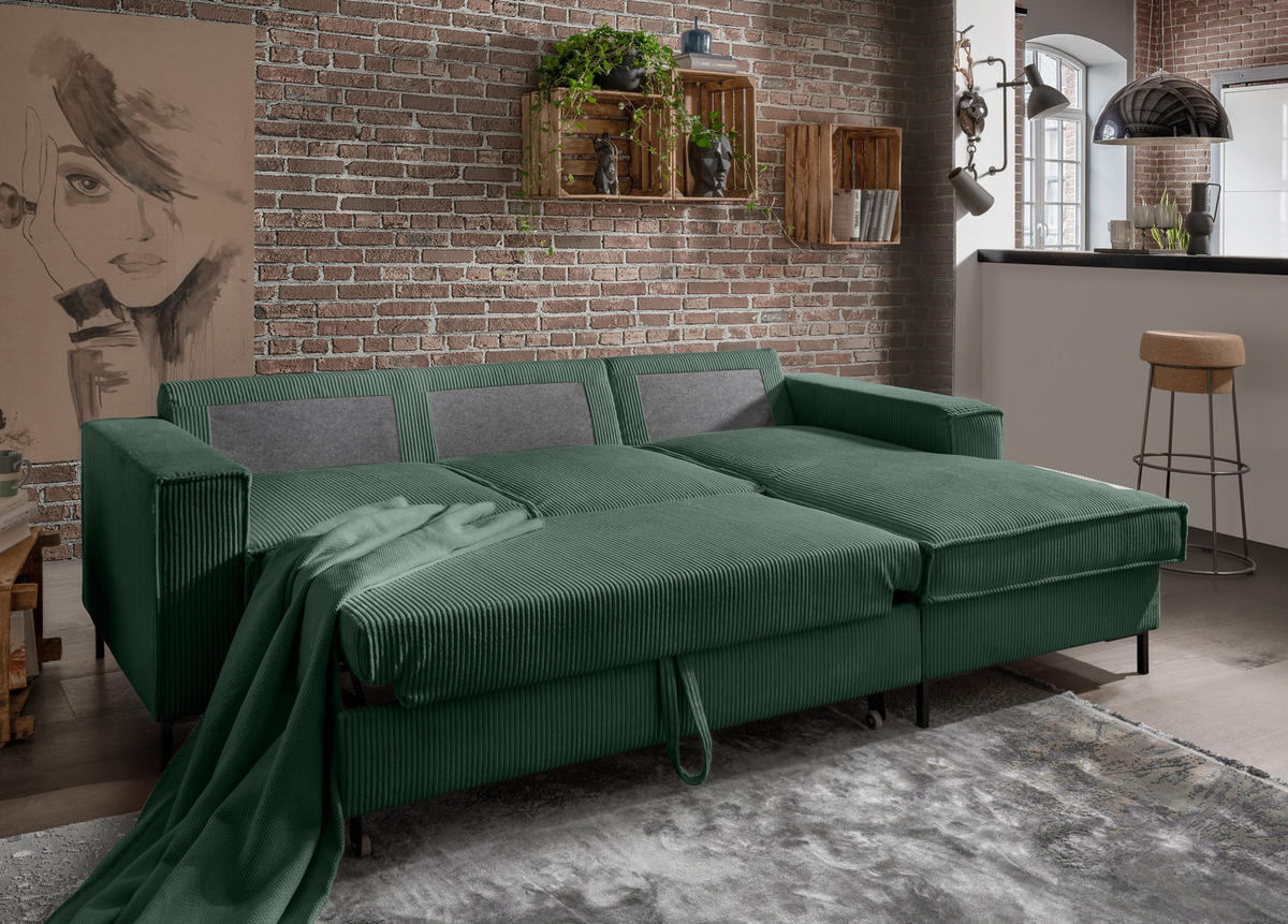ECKSOFA mit Schlaffunktion, Bettkasten, Wellenunterfederung, Récamiere rechts B240/T150/H92 cm, Liegefl. 125x198 cm, Cord Grün / 17221 - Waldgrün/Schwarz, Textil/Metall (240/150cm) - luma-home