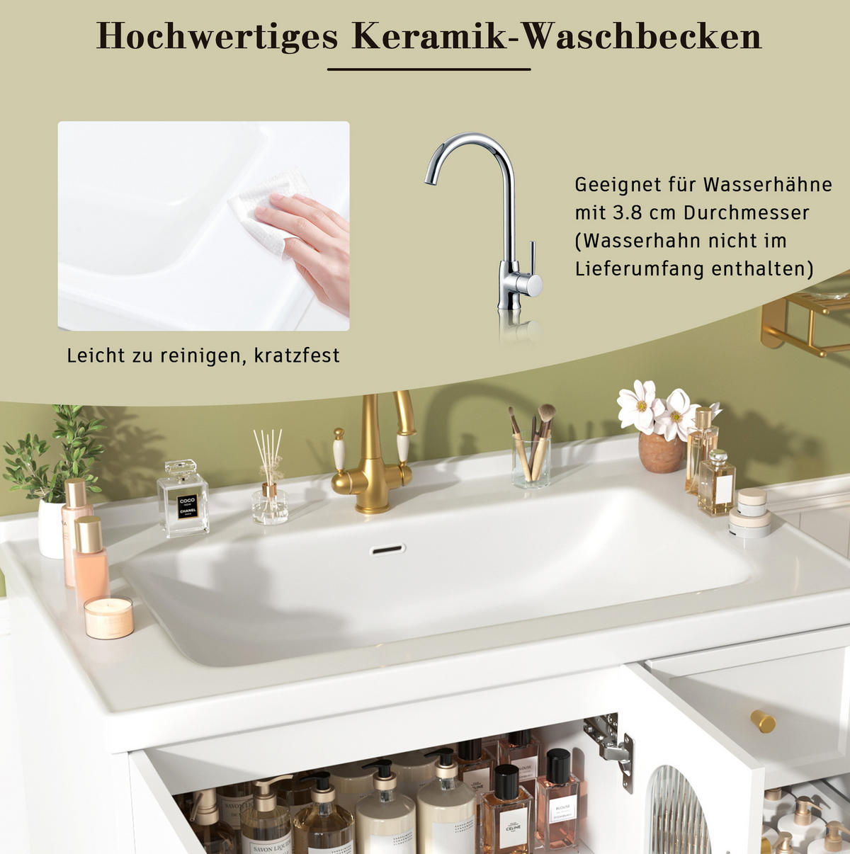 WANDMONTIERTER Badschrank mit Keramikwaschbecken 80x50x58 cm Weiß, 2 Schubladen, verstellbare Einlegeböden, modernes Design - Weiß, Holzwerkstoff (80/58/50cm) - Modfu
