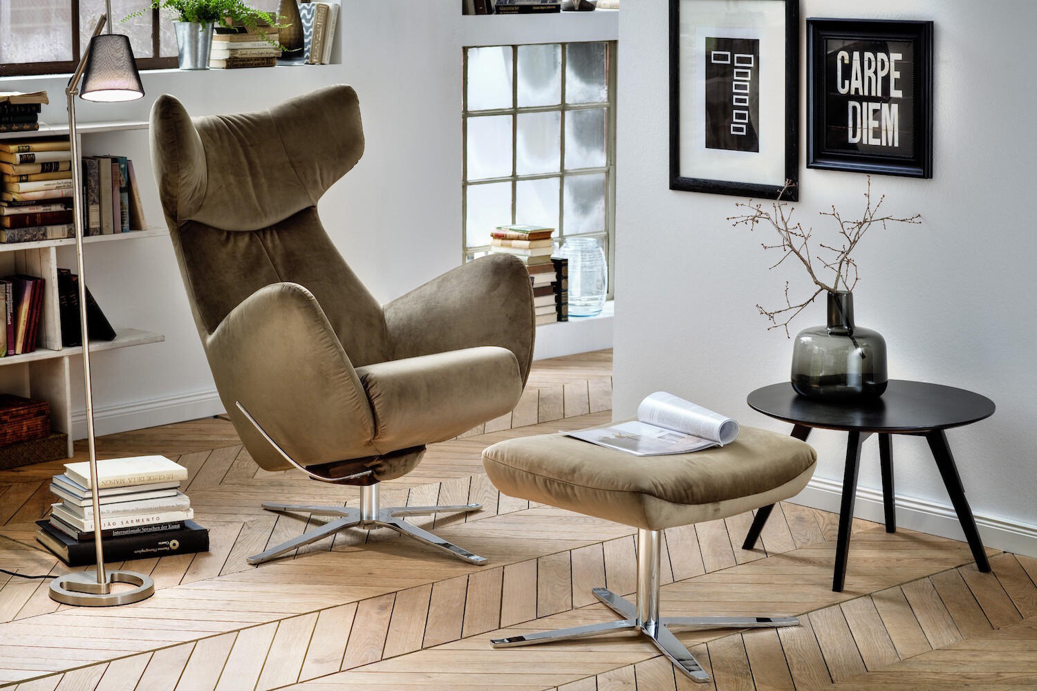 DREHSESSEL INKL. HOCKER RANDY Grün Velvet - Silberfarben/Olivgrün, Textil (79/117/96cm) - KAWOLA