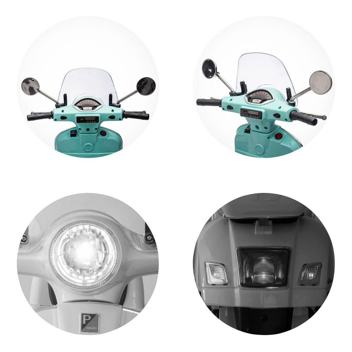 ELETROMOTORRAD Vespa GTS Super grün Heckstaufach Musik MP3 Licht 2-3 km/h - Grün, Kunststoff (66102/50/75cm) - Chipolino