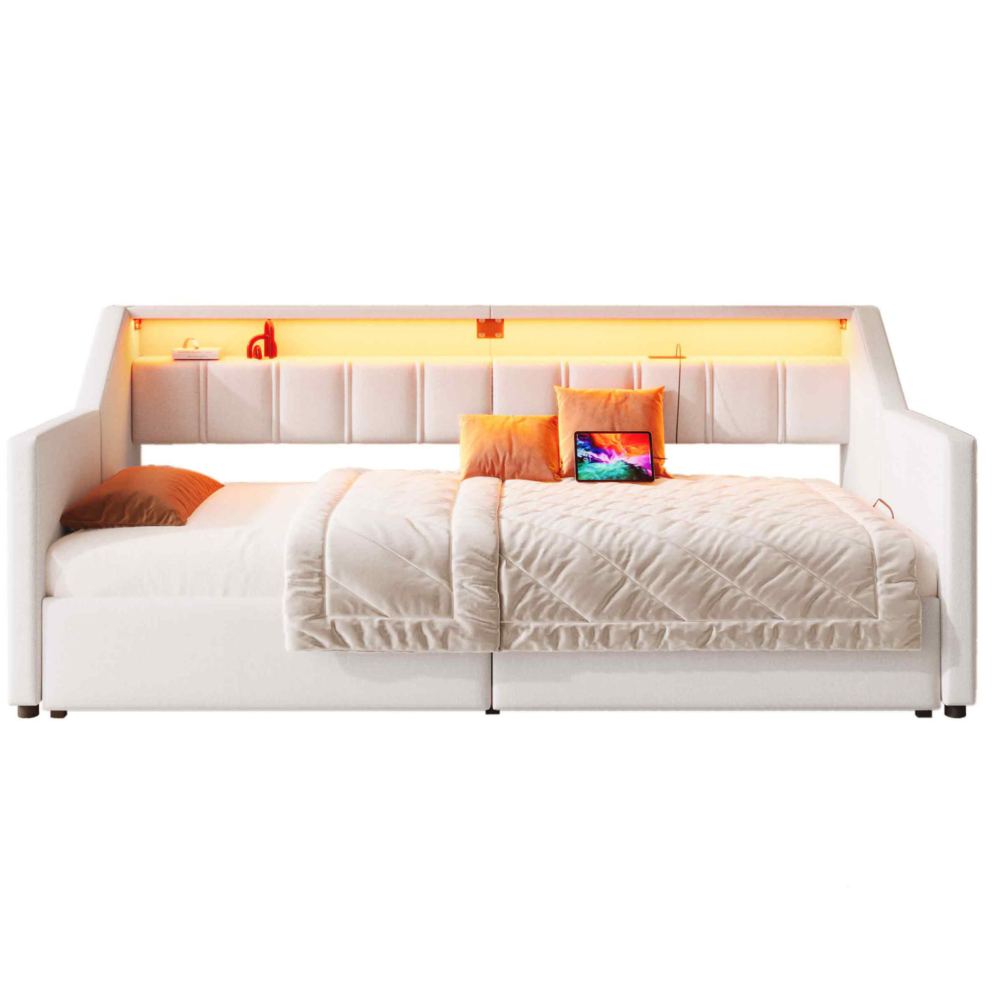 TAGESBETT 90/200 cm mit Ausziehfunktion zu 180/200 cm, USB, Type-C, LED und 2 Schubladen, Beige - Beige, Textil (90/200cm) - Redom