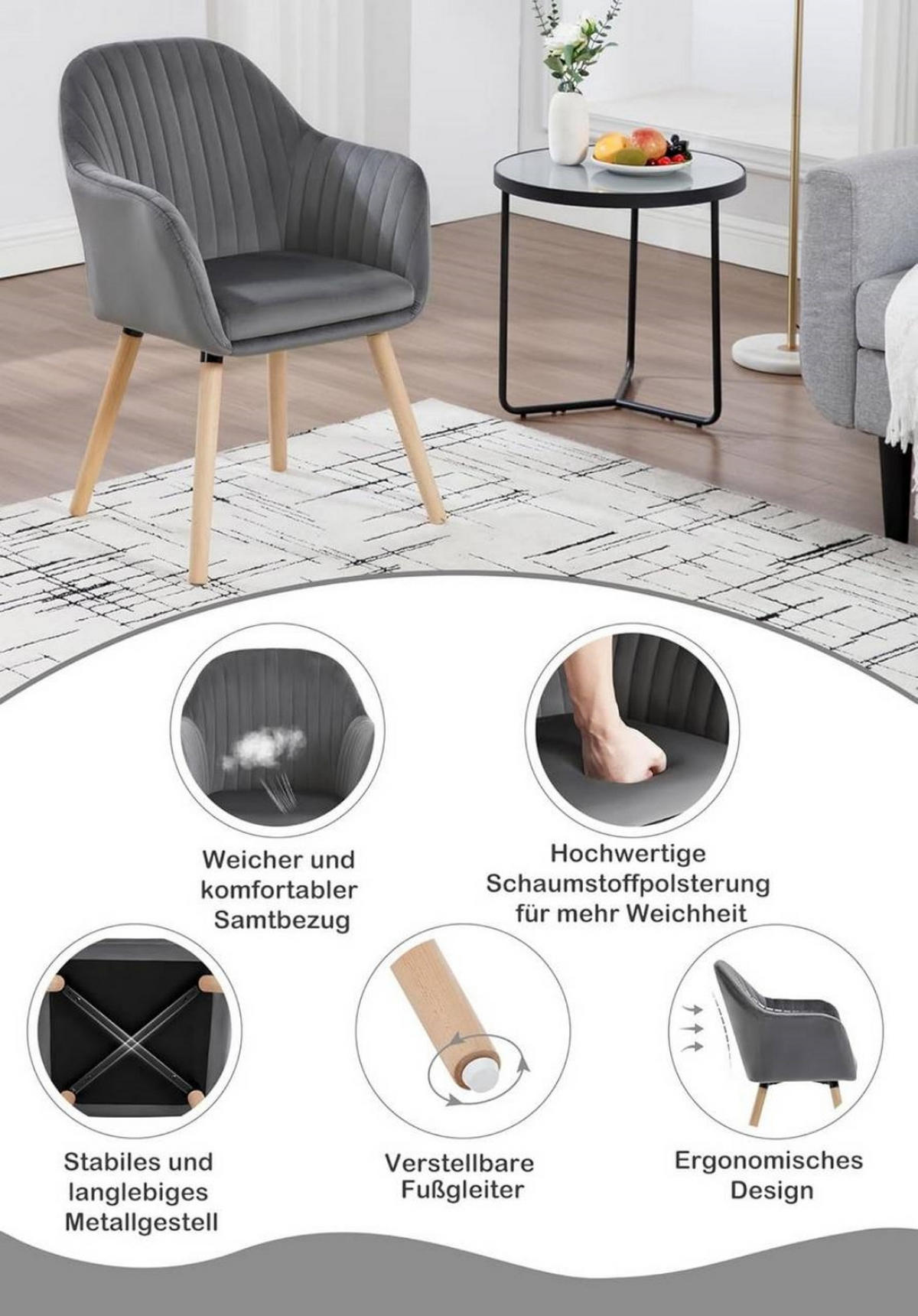 ESSZIMMERSTUHL 2er-Set, Samt, Massivholz, Dunkelgrau - Dunkelgrau/Naturfarben, Holz/Textil (42/81/50cm) - Woltu