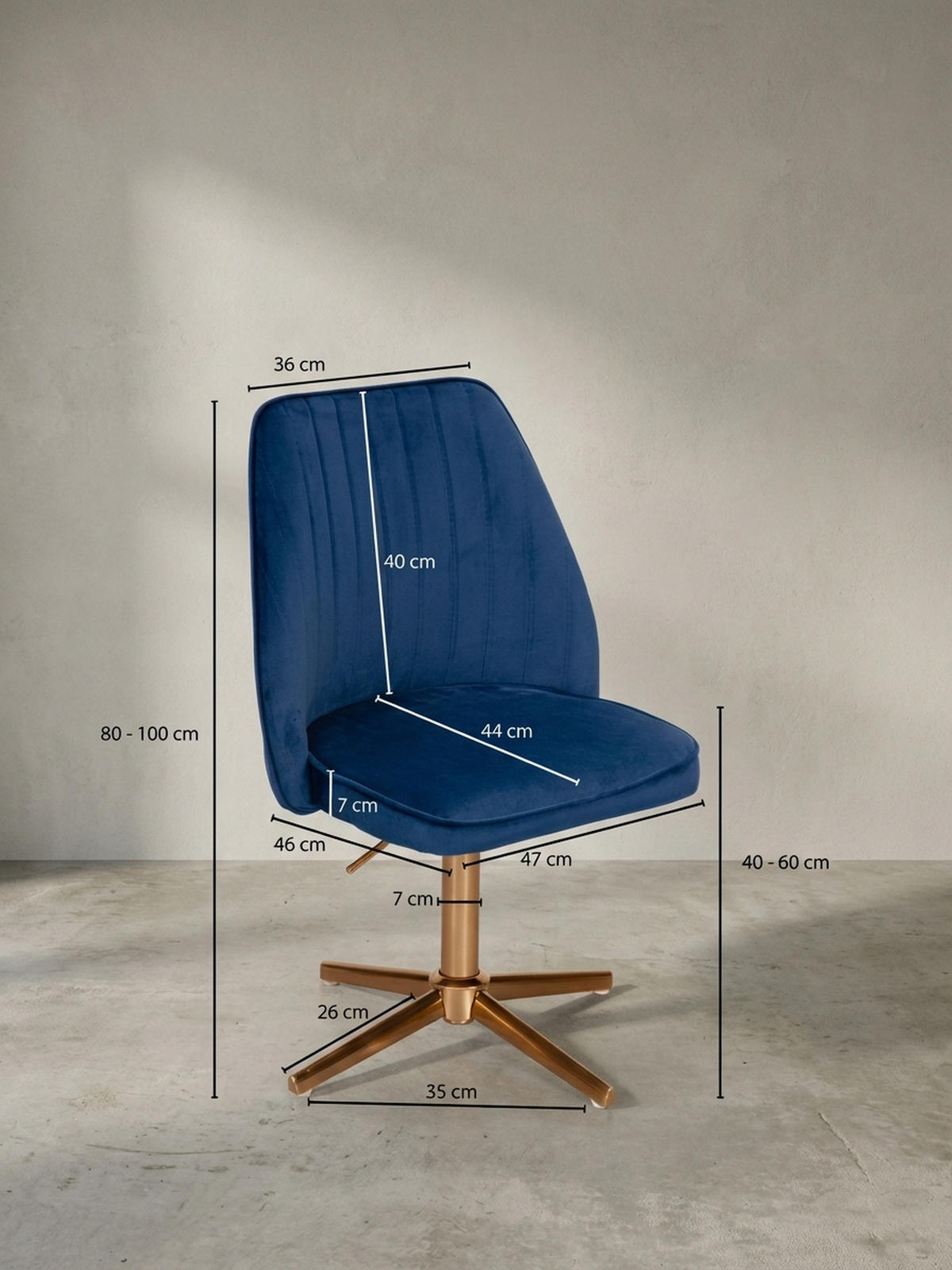 DREHSTUHL Samt mit Höhenverstellung, Eisenfuß und 360° Drehfunktion TANARO, Blau 60x60x100 cm - Blau/Goldfarben, Textil/Metall (60/100/60cm) - KADIMA DESIGN