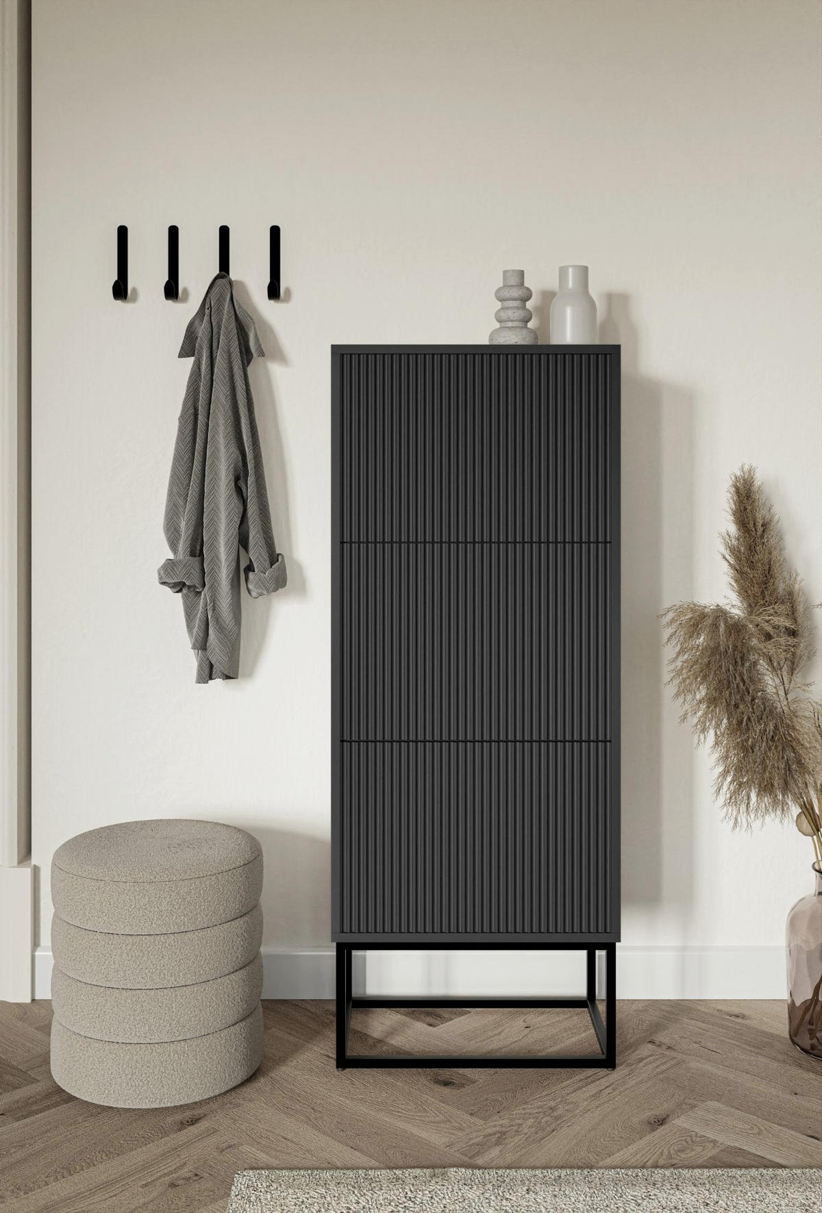 SCHUHSCHRANK Veldio mit 3 Klappen Schwarz mit schwarzem Metallgestell 50 cm - Schwarz, Holzwerkstoff/Metall (50/125/30cm) - Selsey