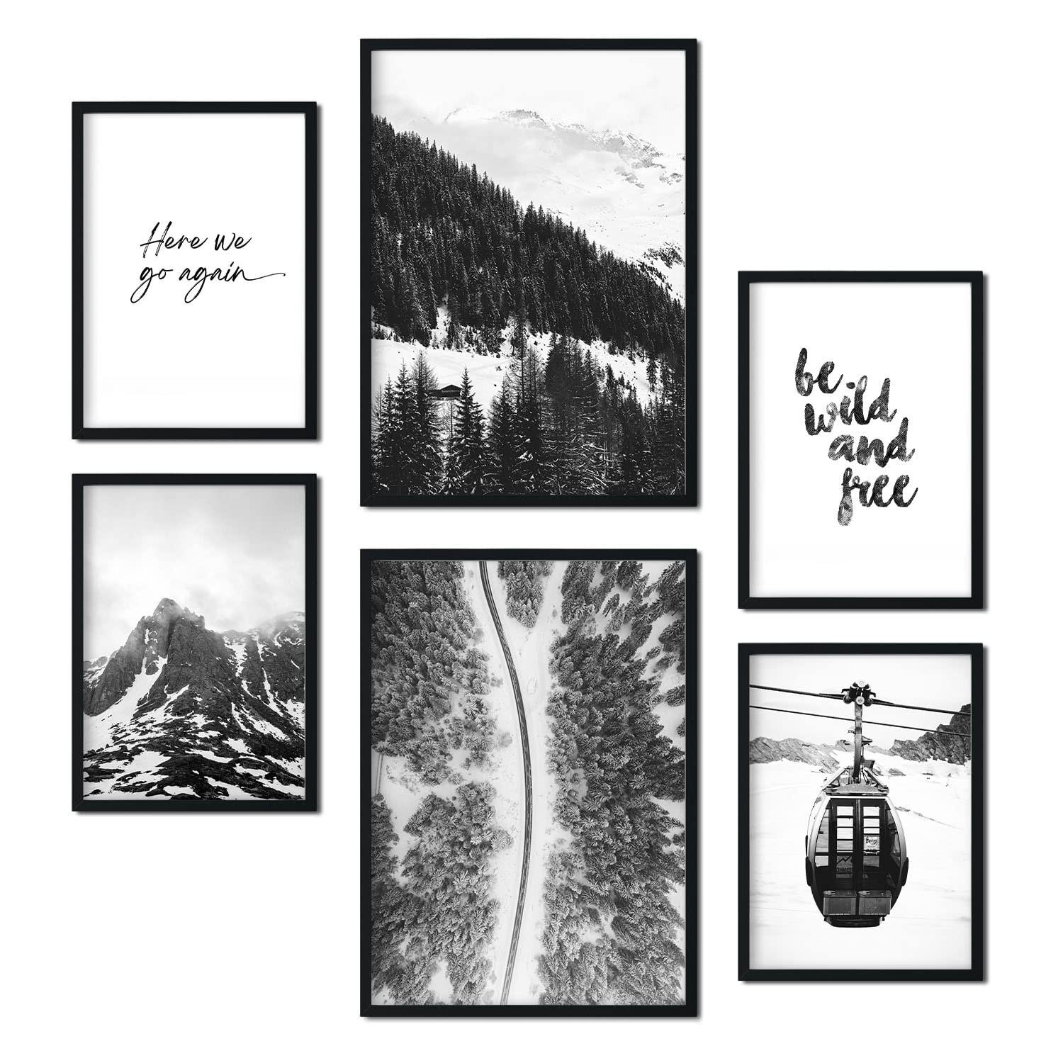 POSTER Set Mit 6 Schwarzweiß Berg Wandbild A3 & A4 Rahmenlos - Klar, Papier (29/3cm) - Nacnic