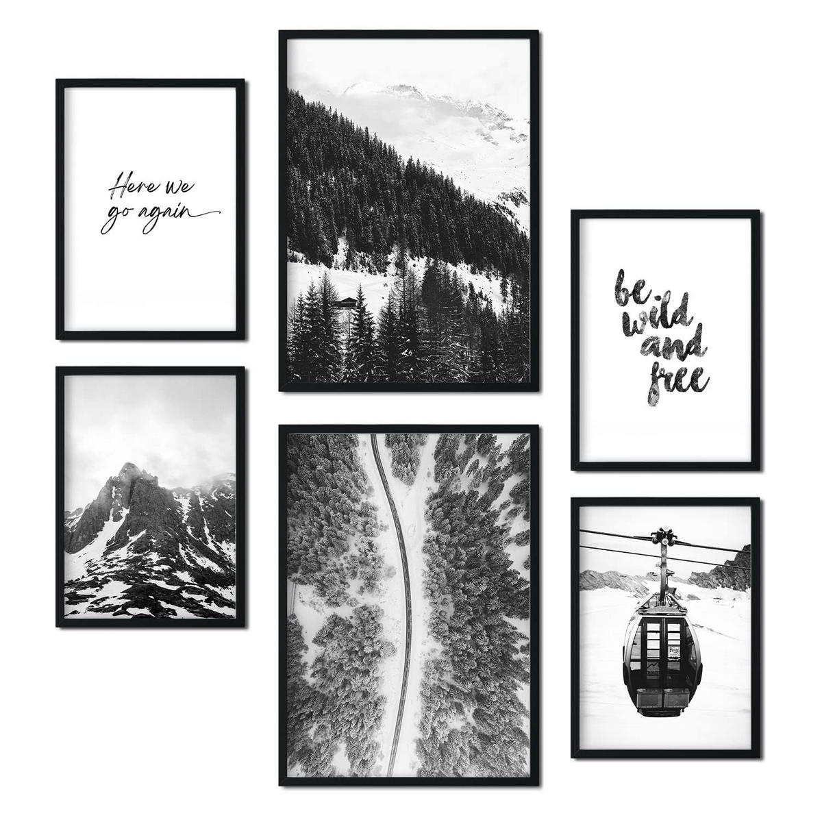 POSTER Set Mit 6 Schwarzweiß Berg Wandbild A3 & A4 Rahmenlos - Klar, Papier (29/3cm) - Nacnic