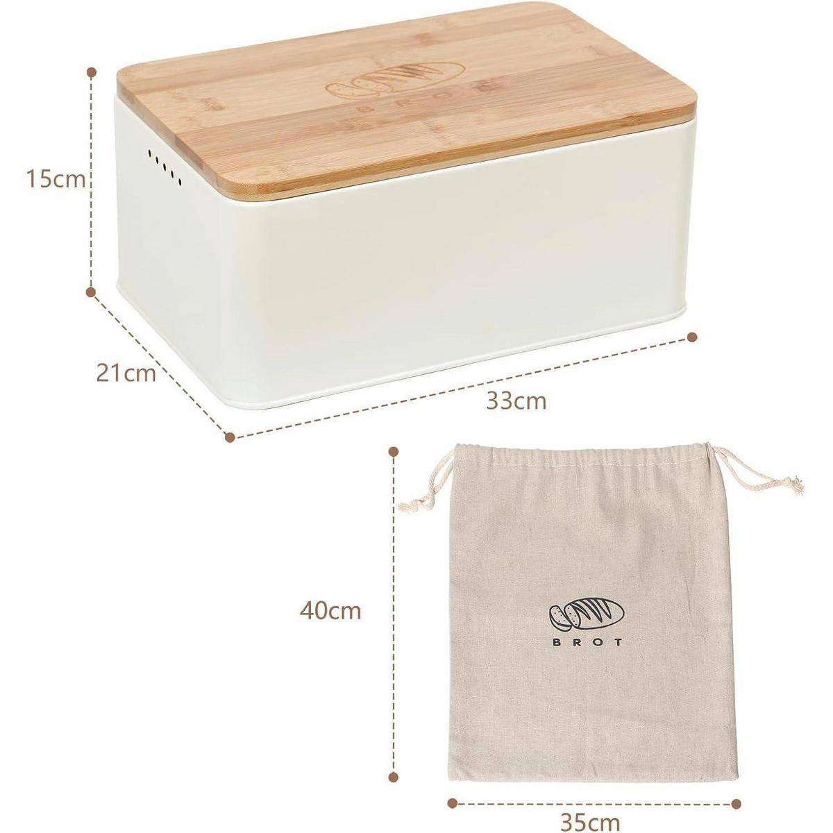BROTKASTEN mit Schneidebrett und Brotbeutel Beige 33x21x15cm - Creme, Naturmaterialien (21/15/33cm)