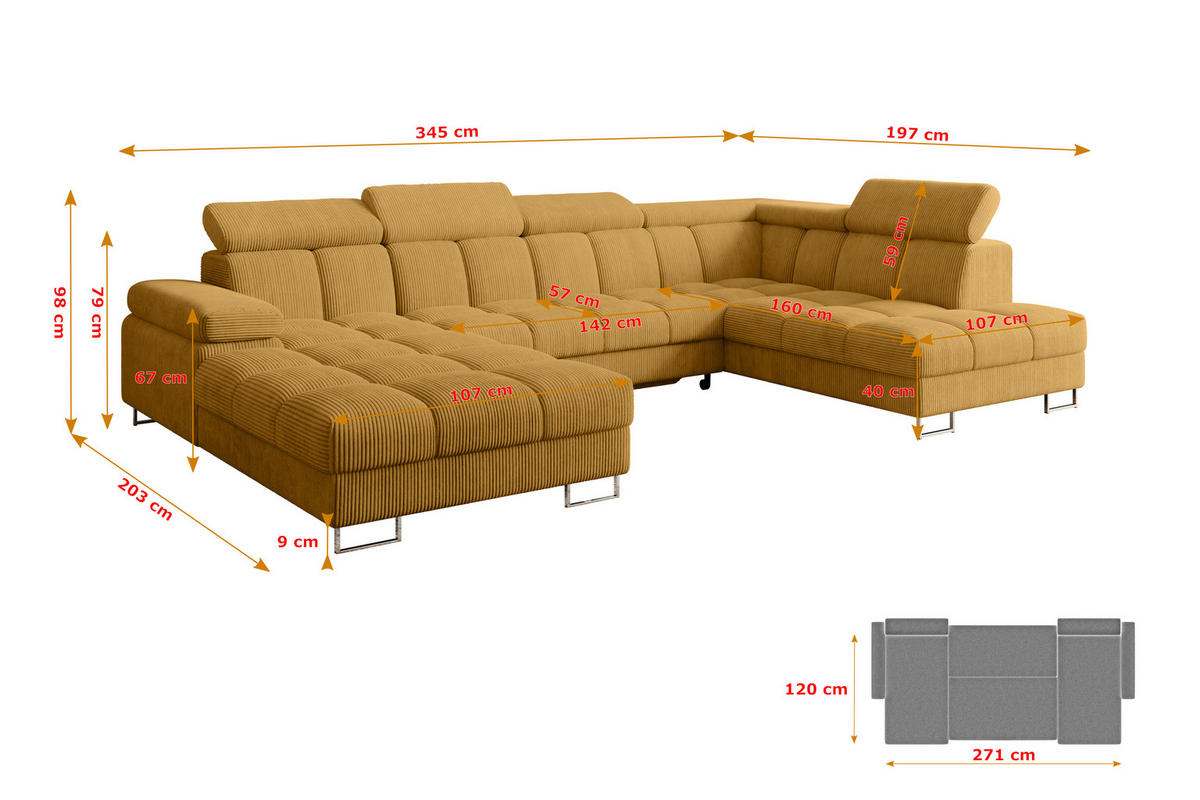 WOHNLANDSCHAFT mit Schlaffunktion und Bettkasten Ottomane RECHTS COMA U 345x203x79 Senfgelb Cord - Honig, Holzwerkstoff/Textil (203/79/345cm) - ALTDECOR