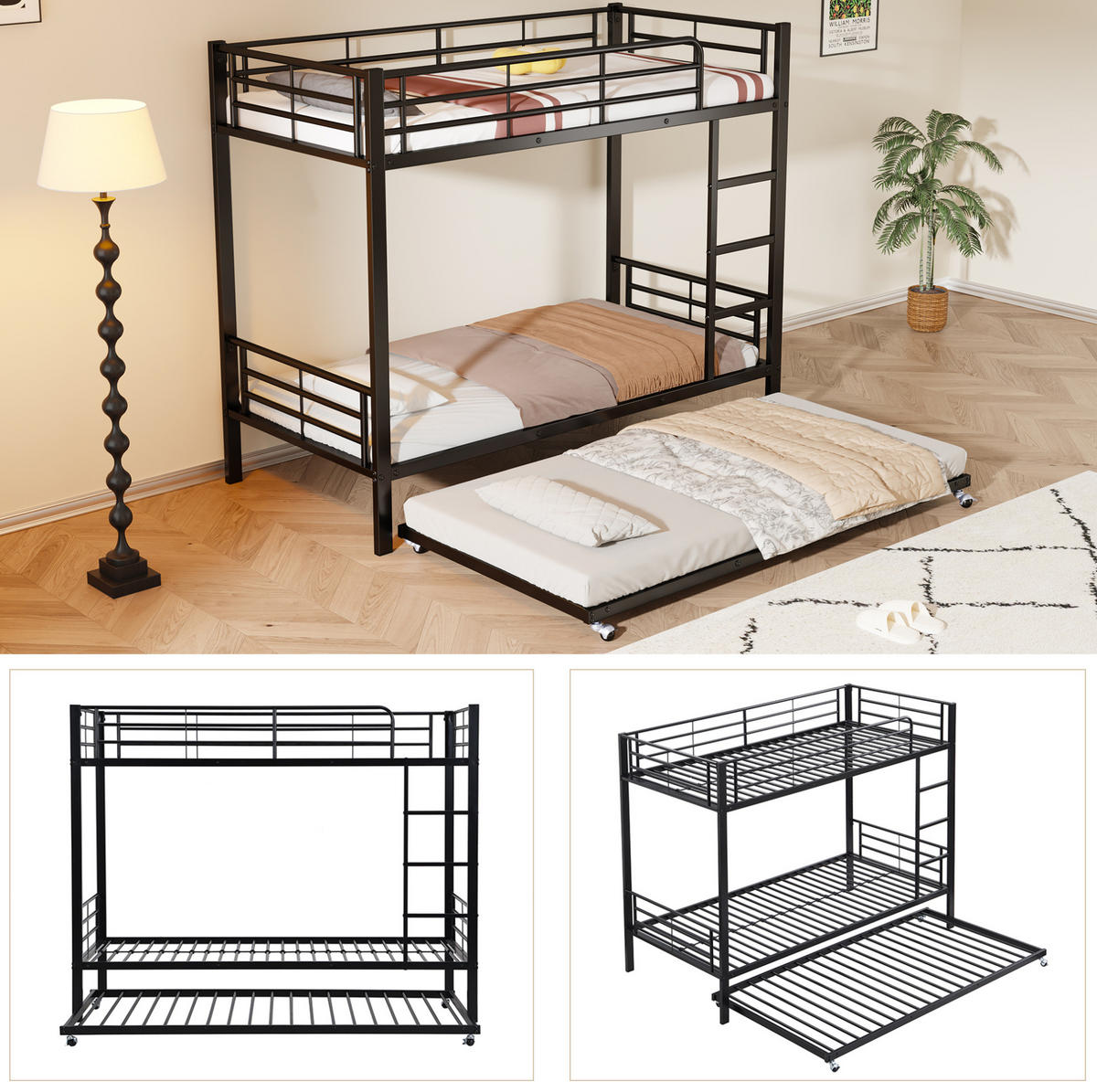 ETAGENBETT 90/200 cm in Schwarz mit Ausziehbett 90/190 cm aus Metall - Schwarz, Metall (90/190cm) - Flora Grace