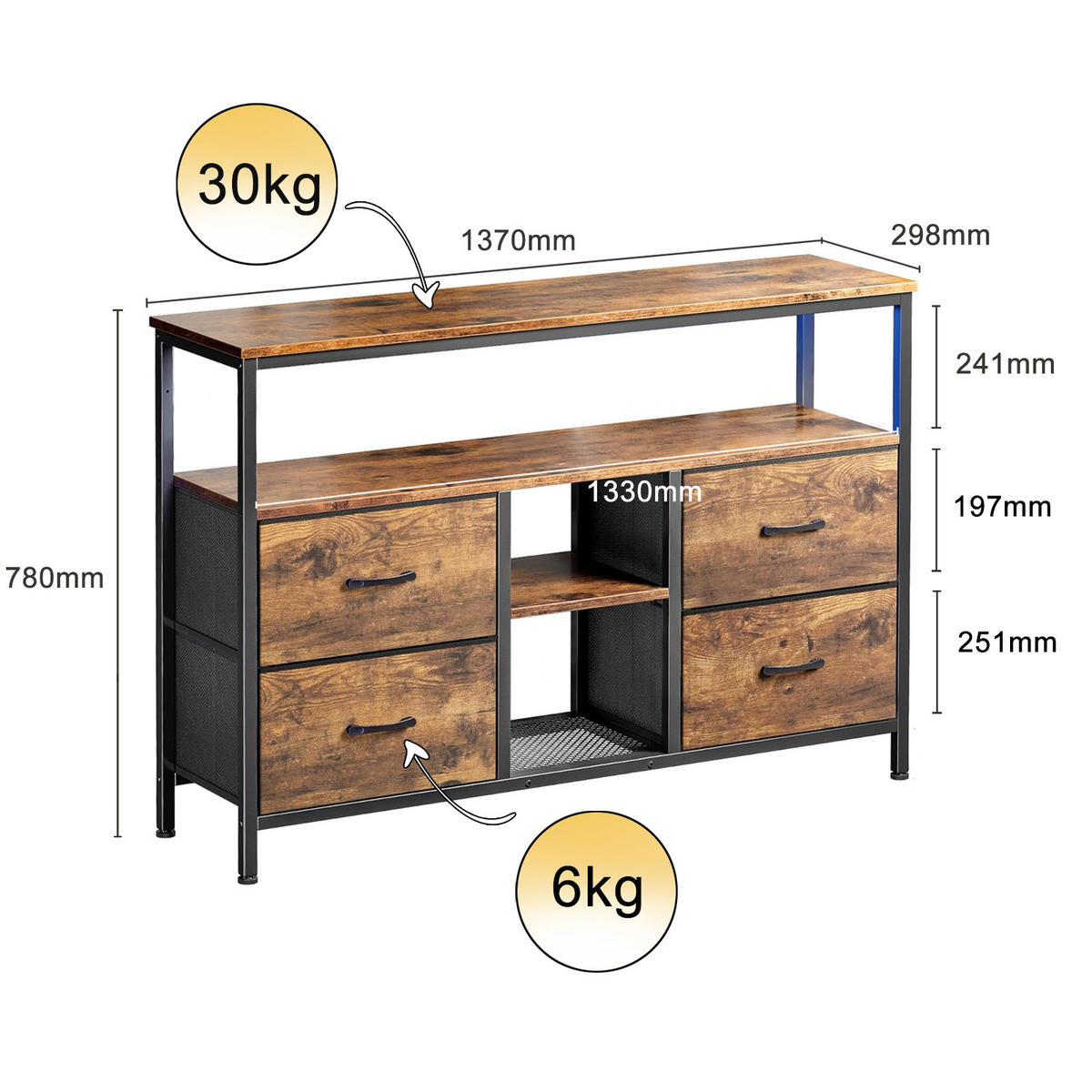 TV-SCHRANK 137 CM - Tigerholz-Optik mit Tigerholz-Stoffschubladen - Bernsteinfarben, Holz (30/78/137cm)