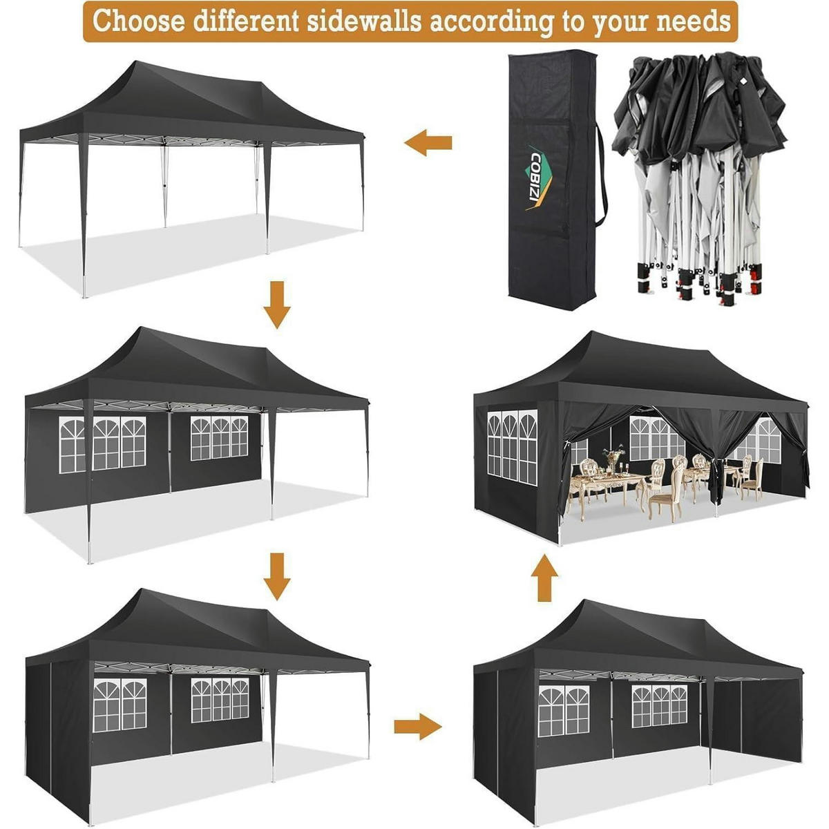 FALTPAVILLON 3 x 6 m Schwarz mit Seitenteilen - Schwarz, Textil (600/320/300cm)