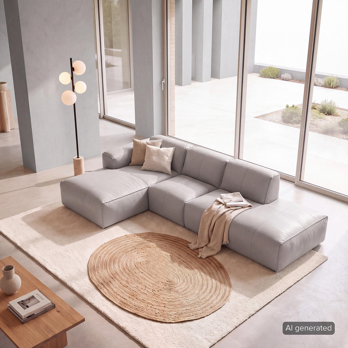 ECKSOFA mit Chaiselongue - Hellgrau/Schwarz, Leder/Kunststoff (290/173cm) - home24