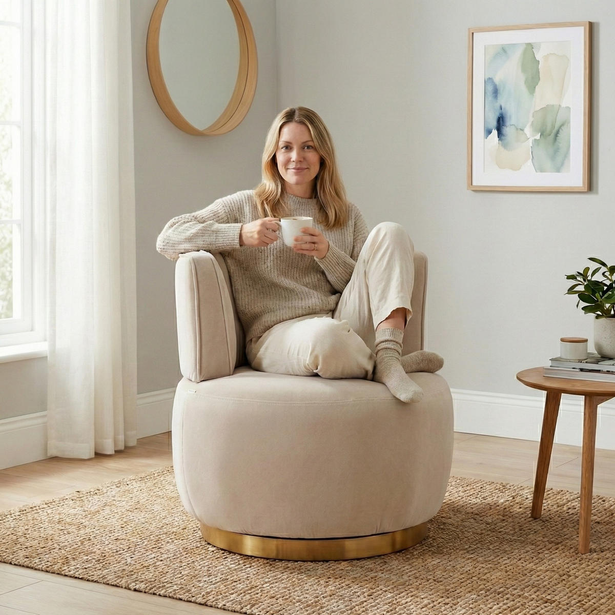 DREHSTUHL 360°Drehsessel,runde Sessel mit breiter Polsterung,Samt,Beige - Beige, Metall (62/69/62cm) - LVHOM