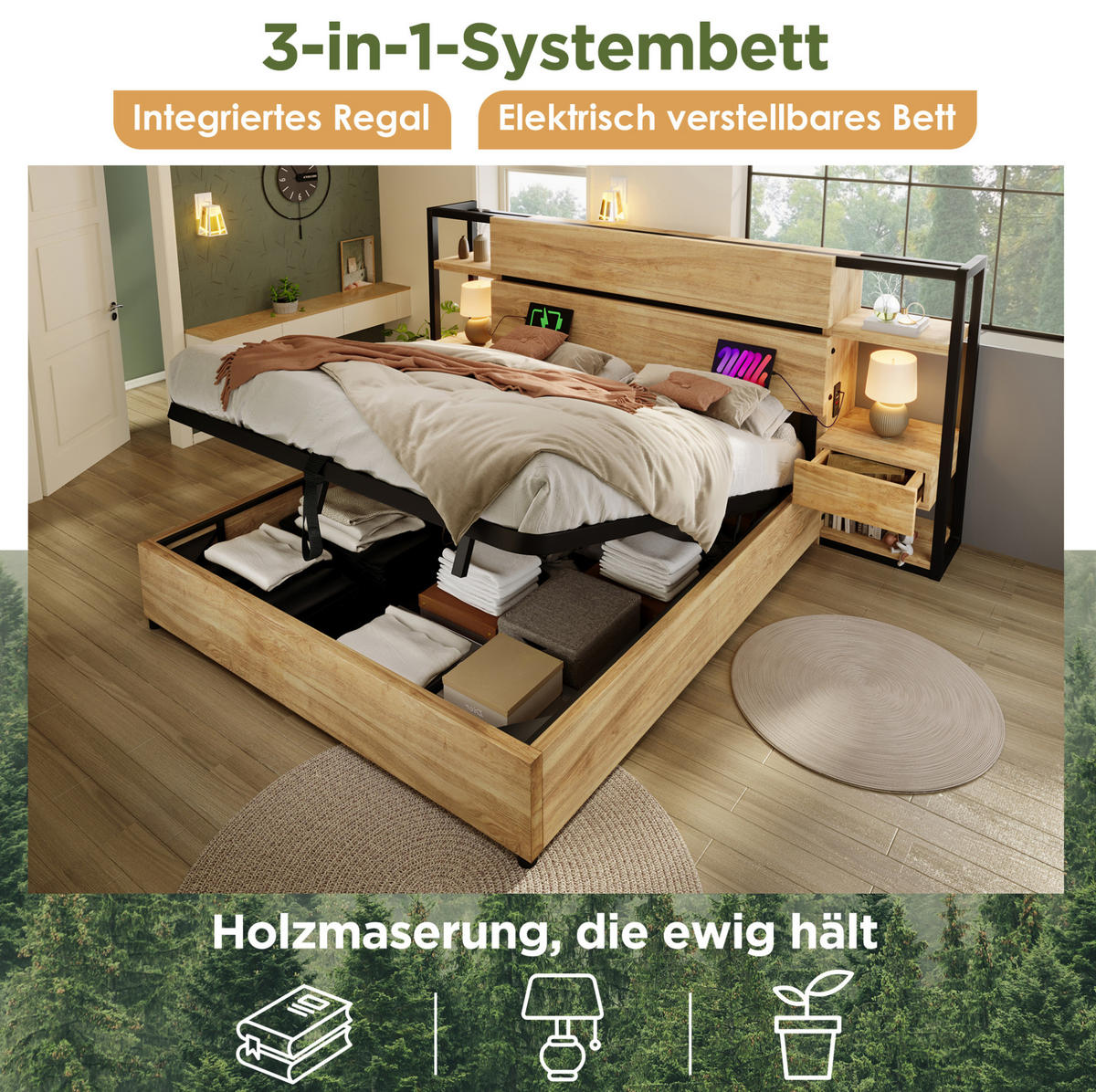 POLSTERBETT 180/200 cm in Eiche mit Stauraum und USB- und Type-C-Anschlüssen - Eichefarben, Holzwerkstoff (180/200cm) - Flora Grace