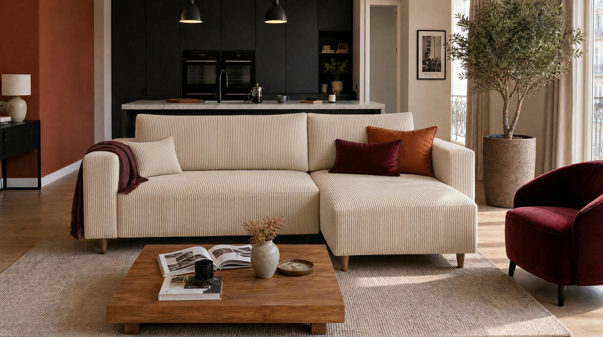 ECKSOFA mit Schlaffunktion und Bettkasten Rio, Ecksofa Cordstoff Creme, Ottomane Universal, 249x142 cm - Creme, Textil (249/142cm) - Marpur