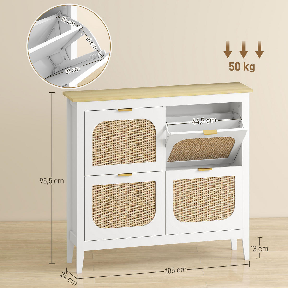 SCHUHSCHRANK DE-15044 4 Klapptüren mit Rattan-Optik für 20 Paar Schuhe Weiß - Weiß, Holzwerkstoff (105/95.5/24cm) - ComfortXL