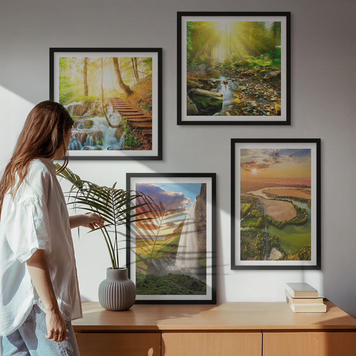 WANDBILDER 4er-Set - 50x50 cm & 40x60 cm Schwarzer Rahmen - Orange Mountain Wasserfall - Schwarz, Kunststoff (50/50cm) - ArtPrintCave