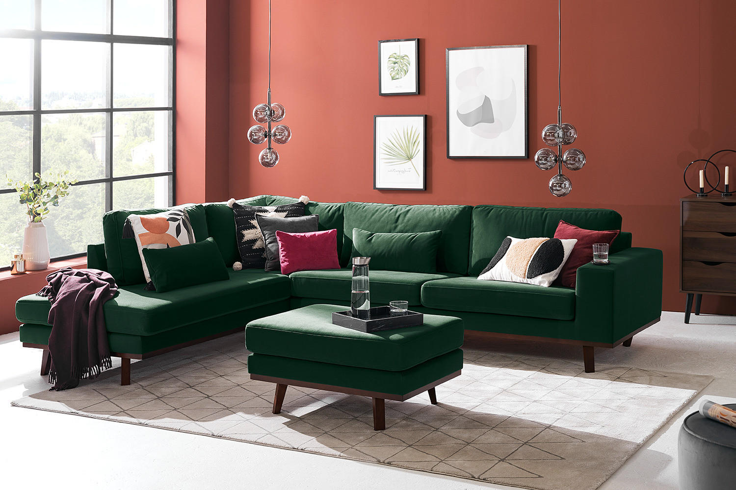 ECKSOFA mit Ottomane - Buchefarben/Grün, Textil (287/219cm) - home24