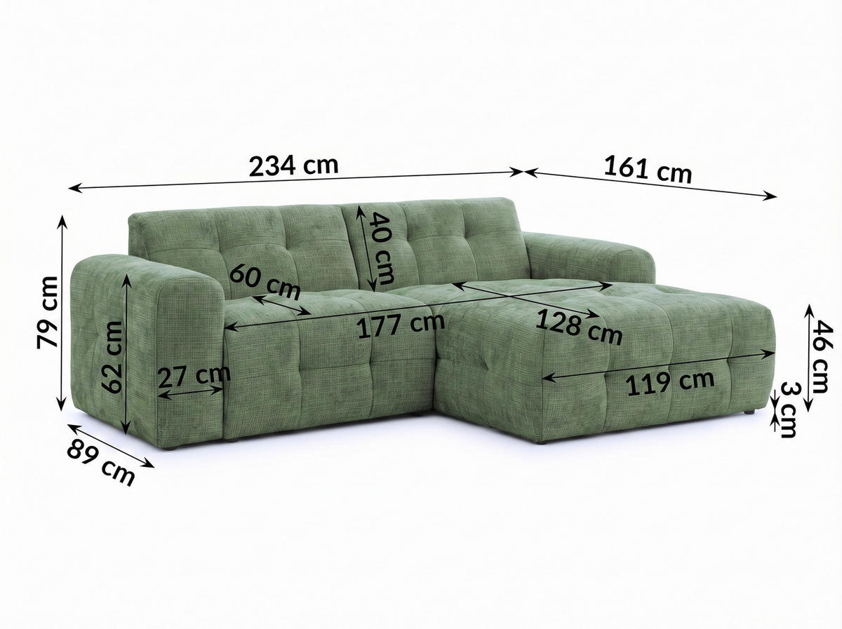 ECKSOFA mit Ottomane rechts, raffinierten Steppungen, Wellenunterfederung, B234/T161/H79 cm, Chenille-Bezug in Grün / 21039 - Schwarz/Grün, Kunststoff/Textil (234/79/161cm) - luma-home